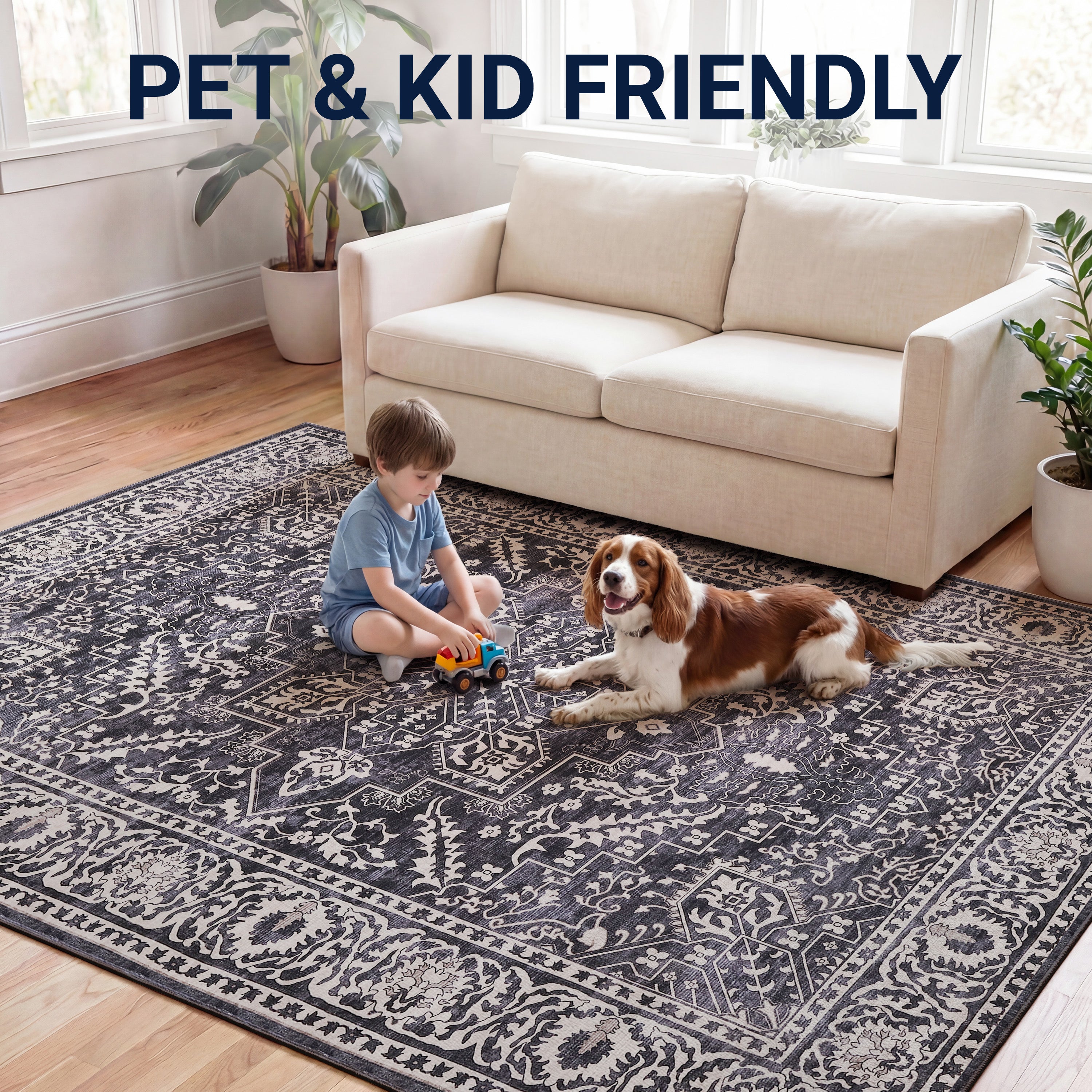 Eleanor Vintage Medallion Border Non-Slip Machine-Washable Rug