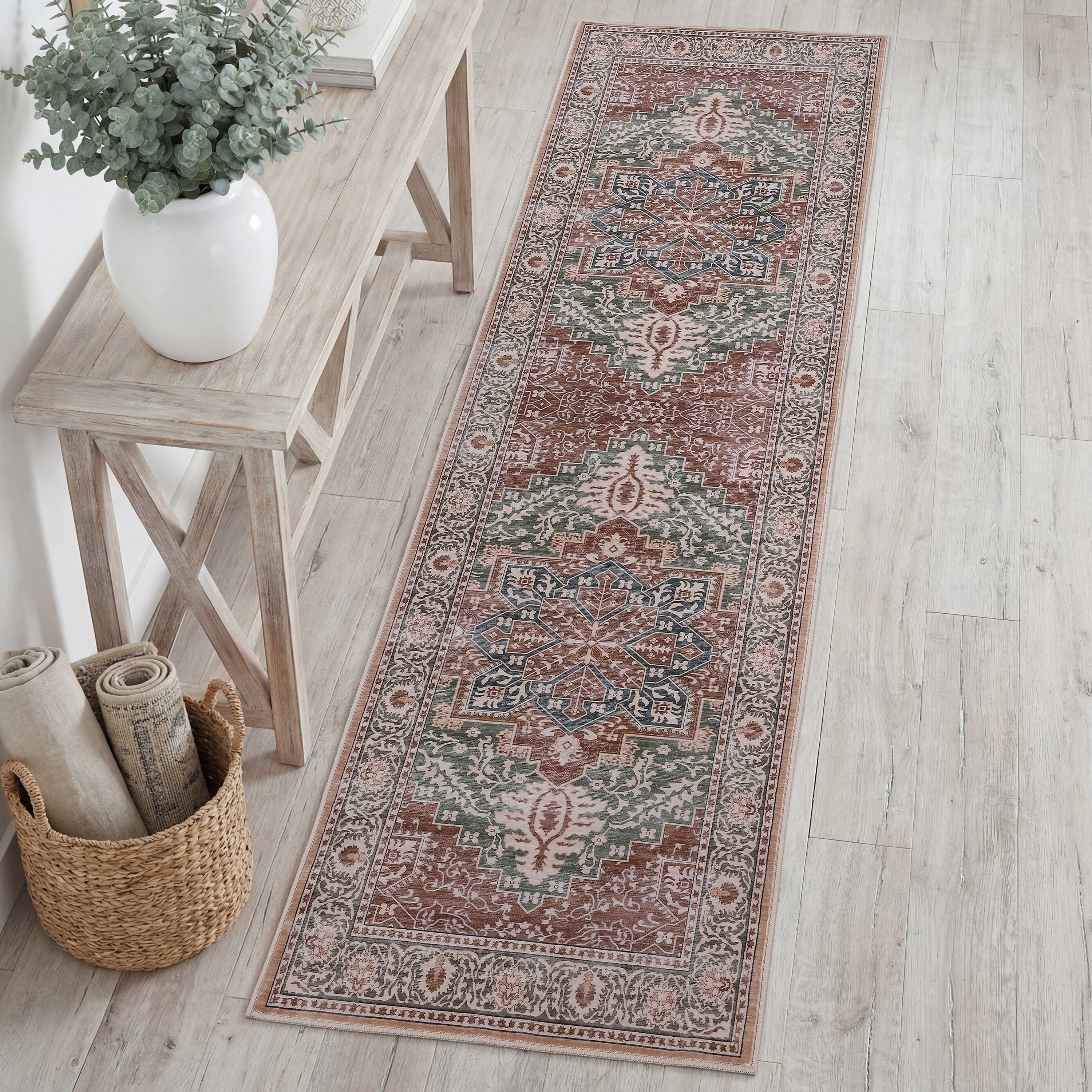 Eleanor Vintage Medallion Border Non-Slip Machine-Washable Rug