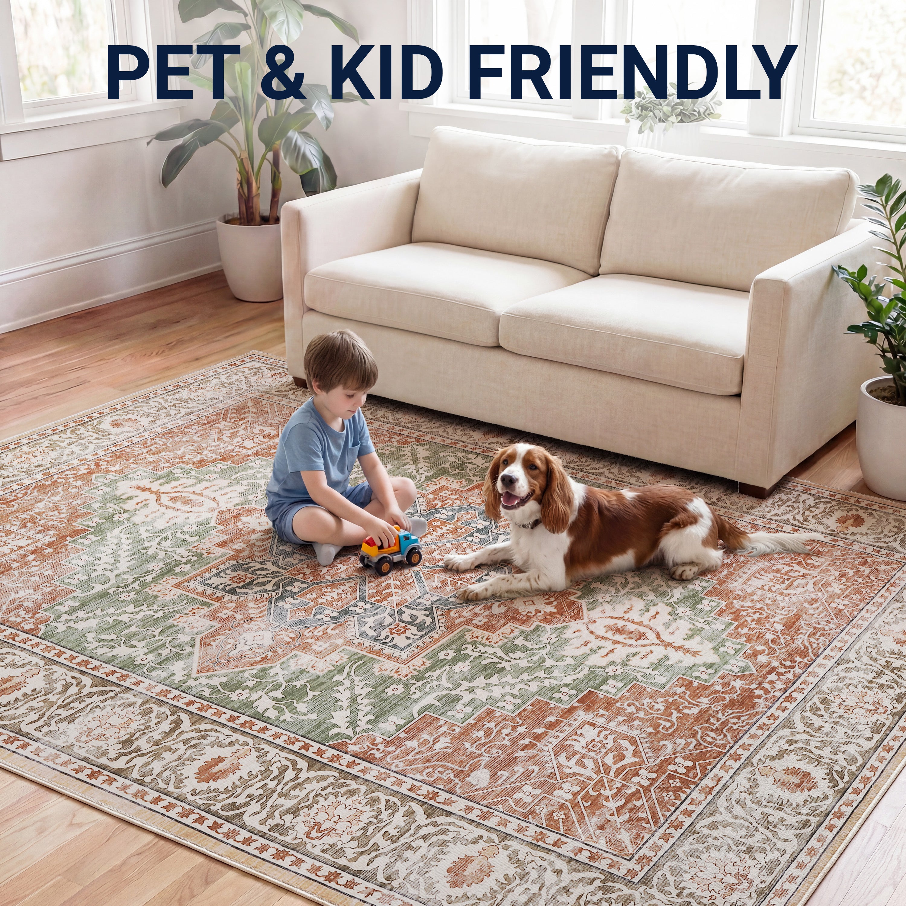 Eleanor Vintage Medallion Border Non-Slip Machine-Washable Rug