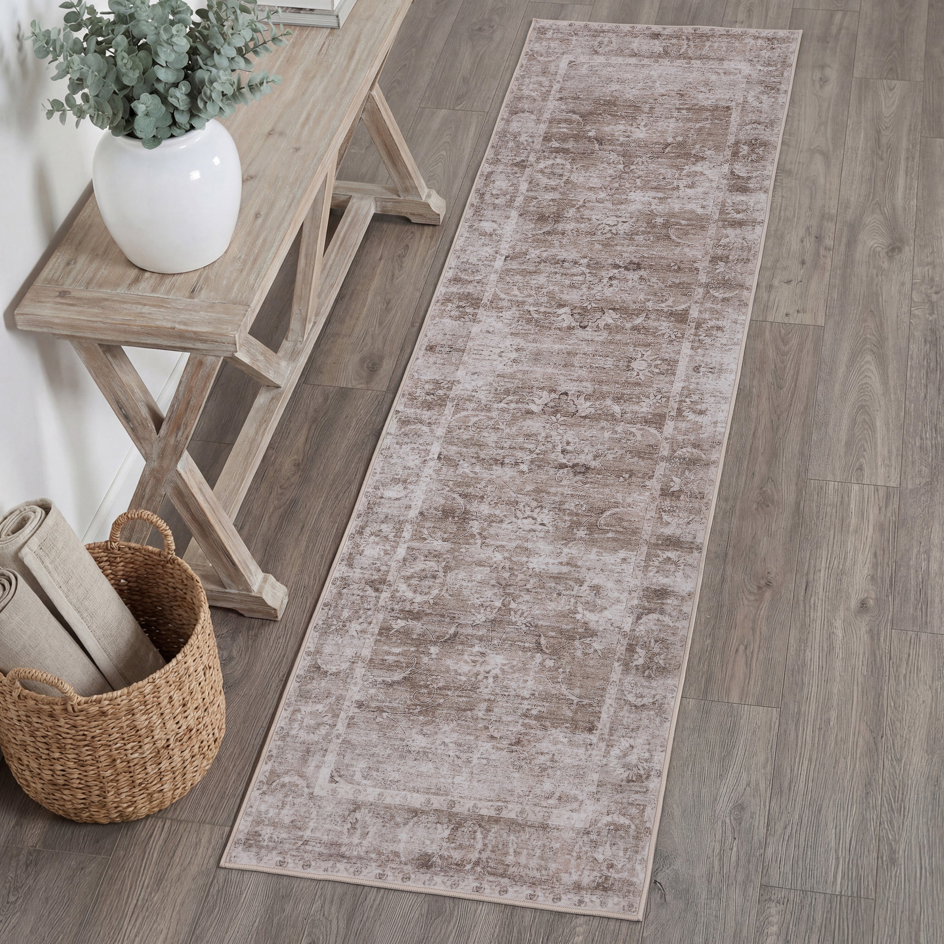 Arabella Vintage Floral Border Non-Slip Machine-Washable Rug