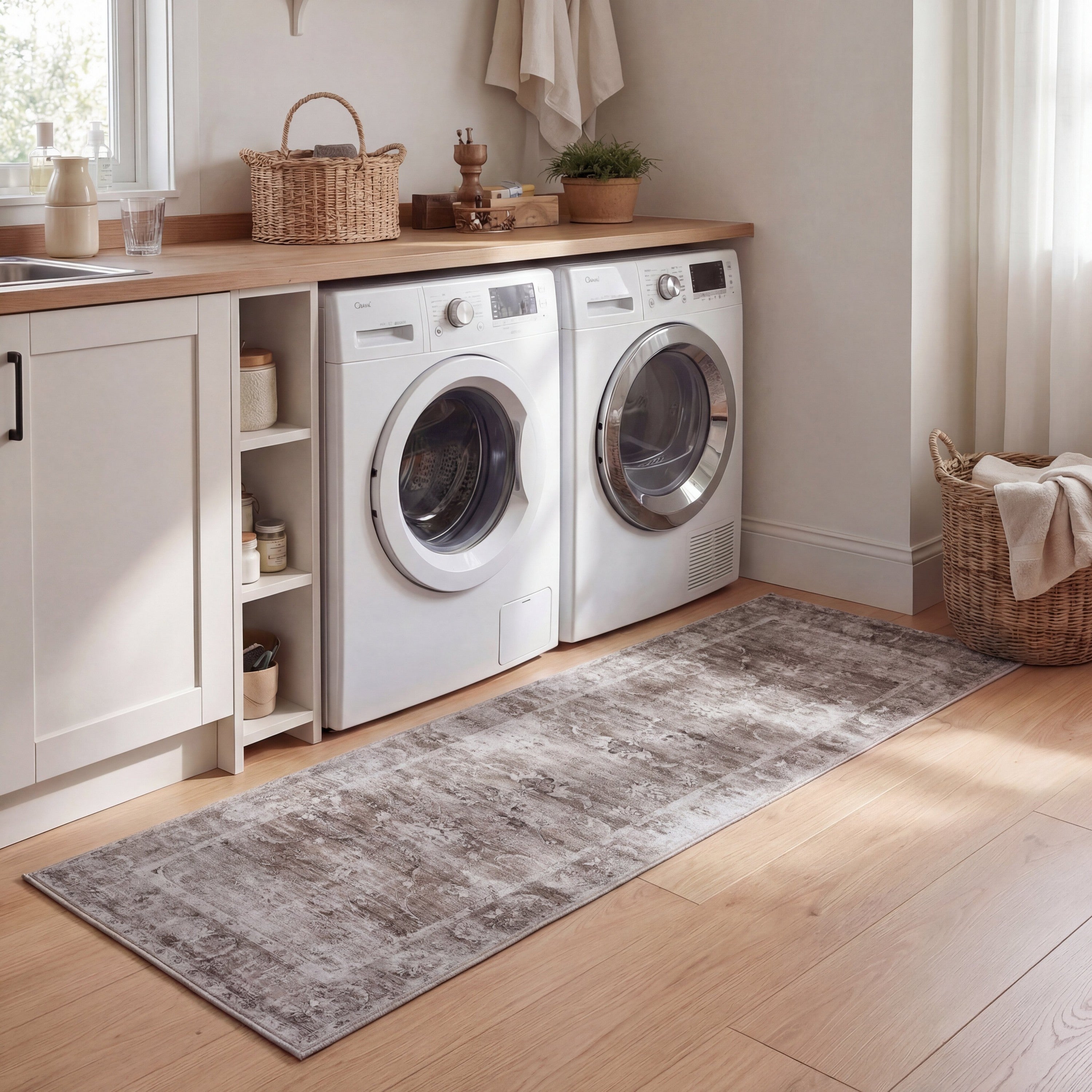 Arabella Vintage Floral Border Non-Slip Machine-Washable Rug
