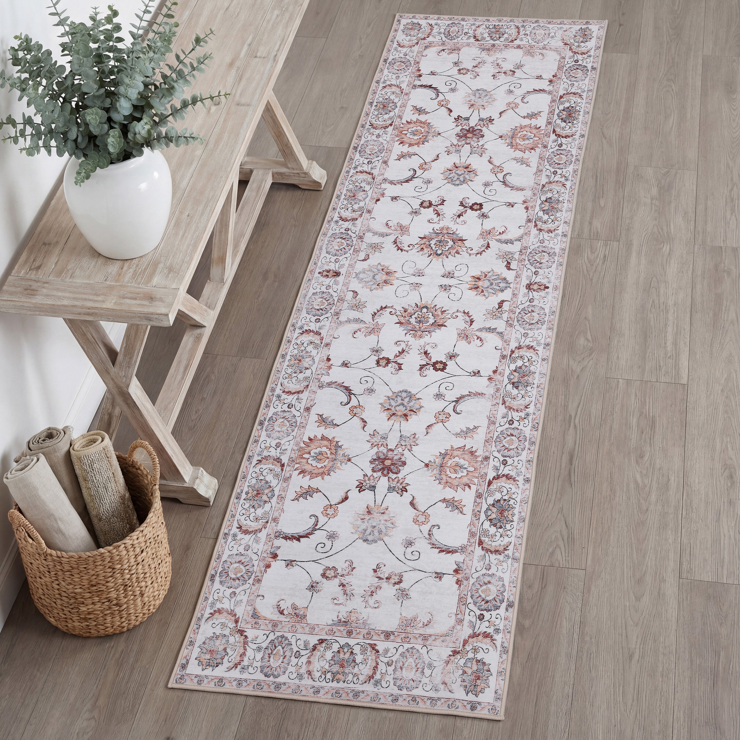 Arabella Vintage Floral Border Non-Slip Machine-Washable Rug