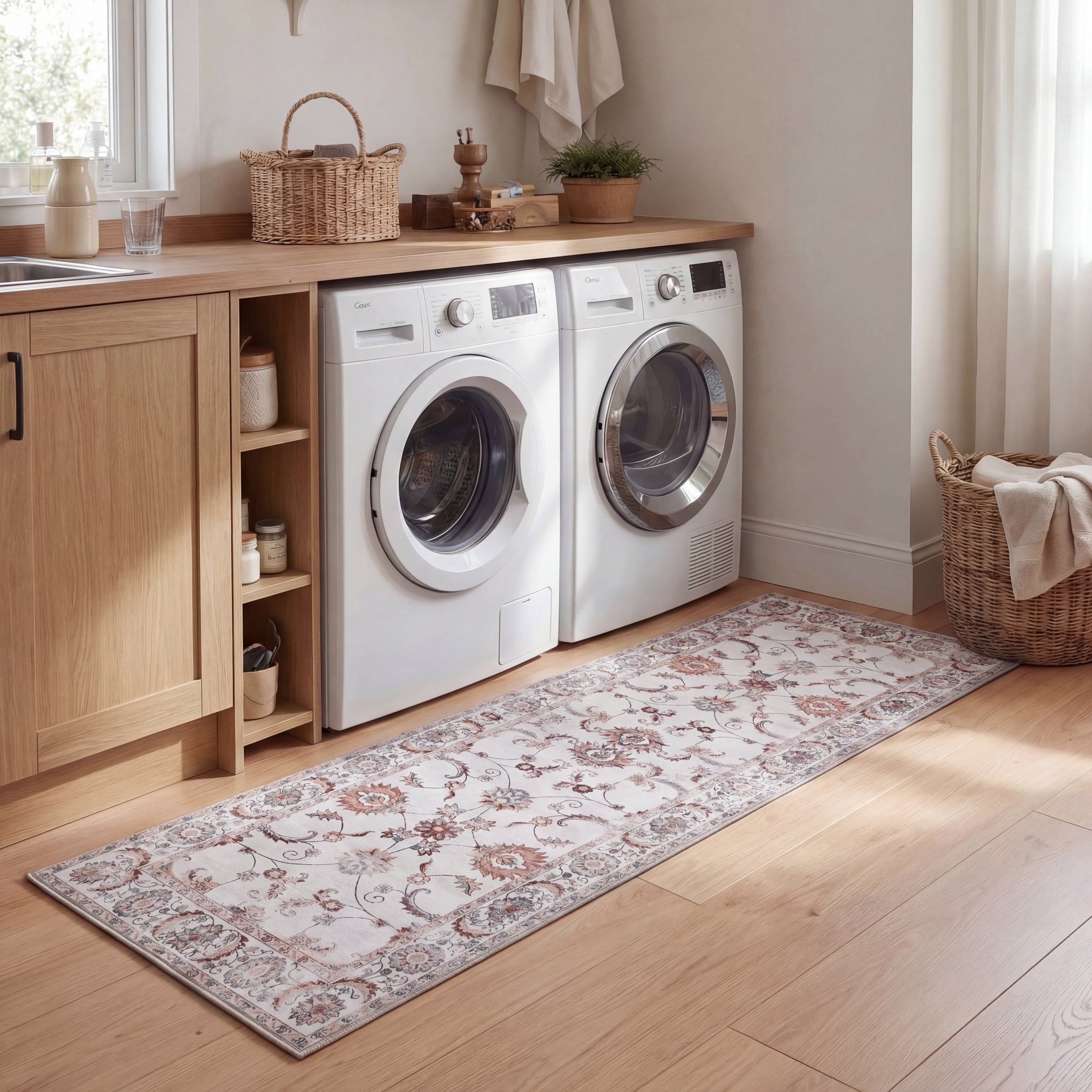 Arabella Vintage Floral Border Non-Slip Machine-Washable Rug