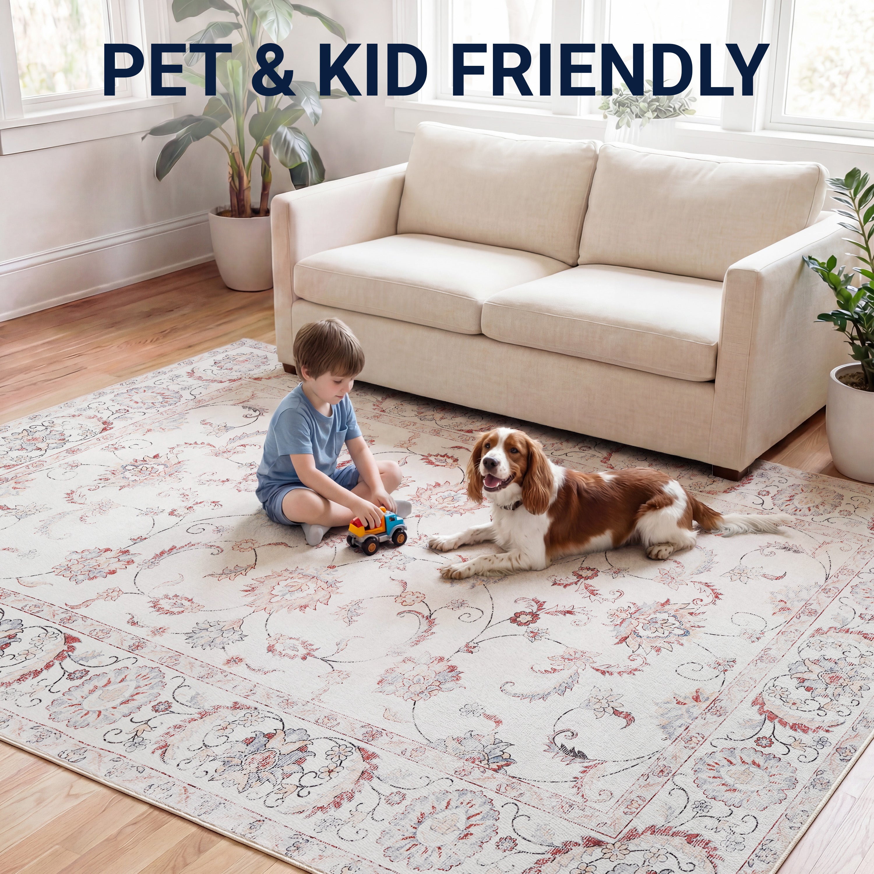Arabella Vintage Floral Border Non-Slip Machine-Washable Rug