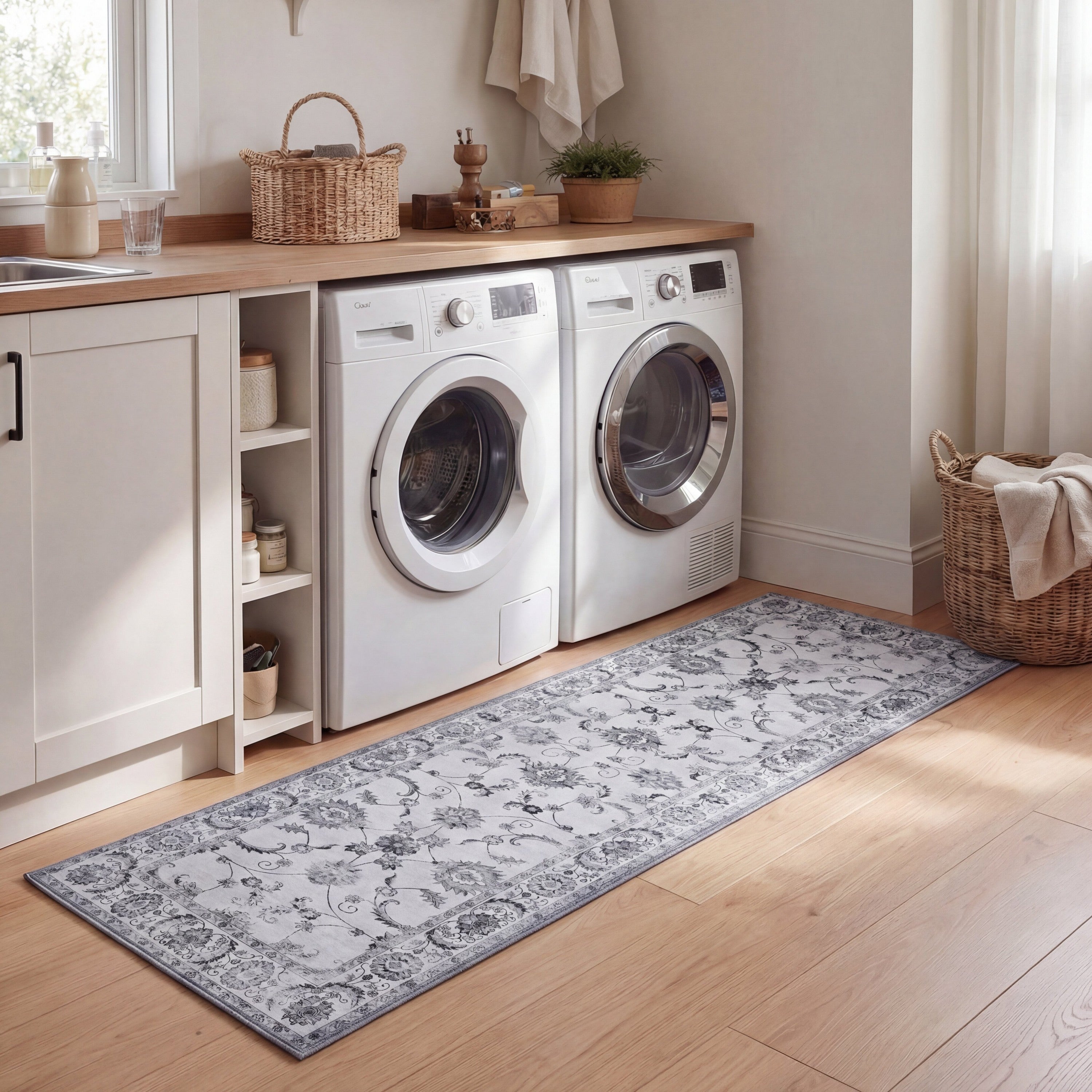 Arabella Vintage Floral Border Non-Slip Machine-Washable Rug