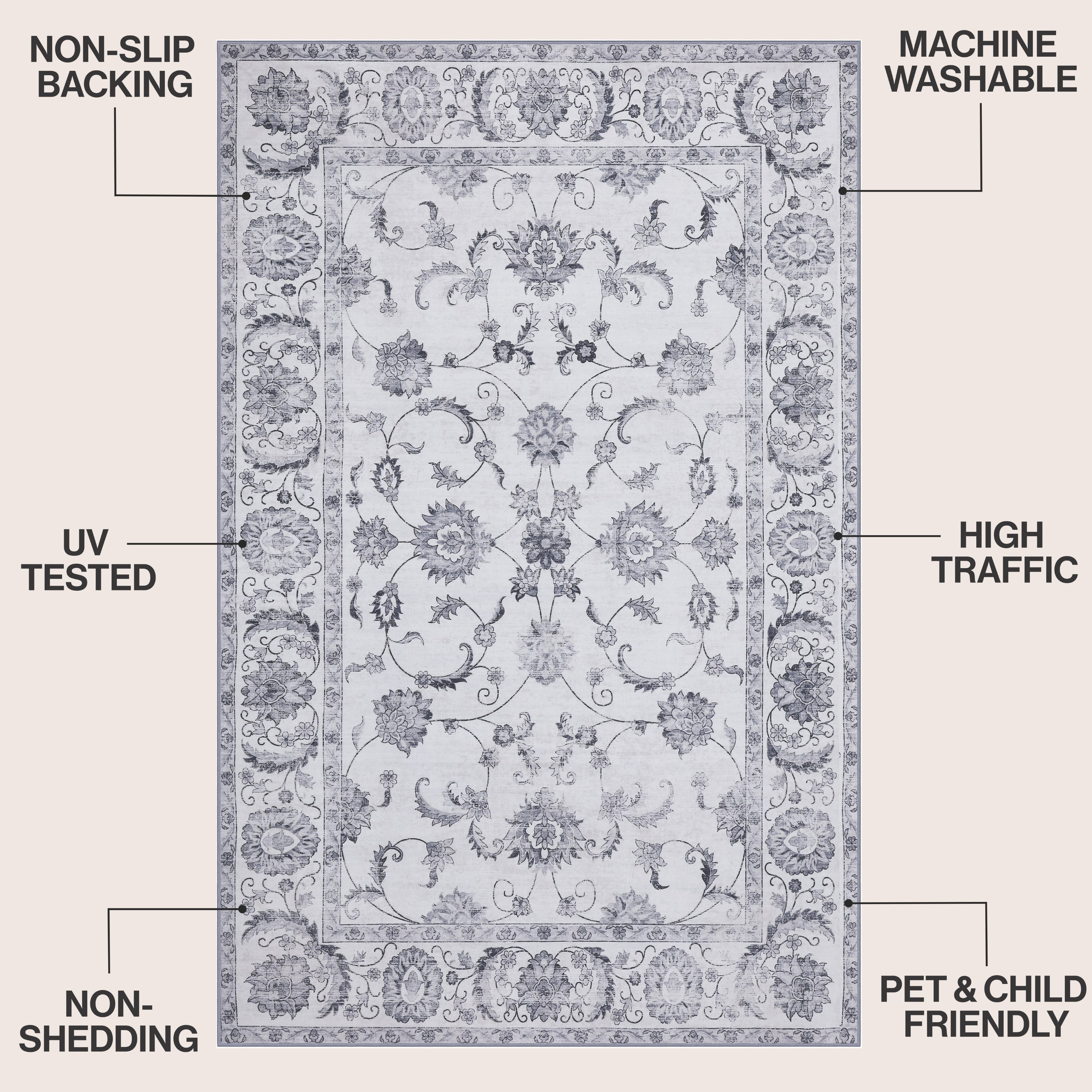 Arabella Vintage Floral Border Non-Slip Machine-Washable Rug