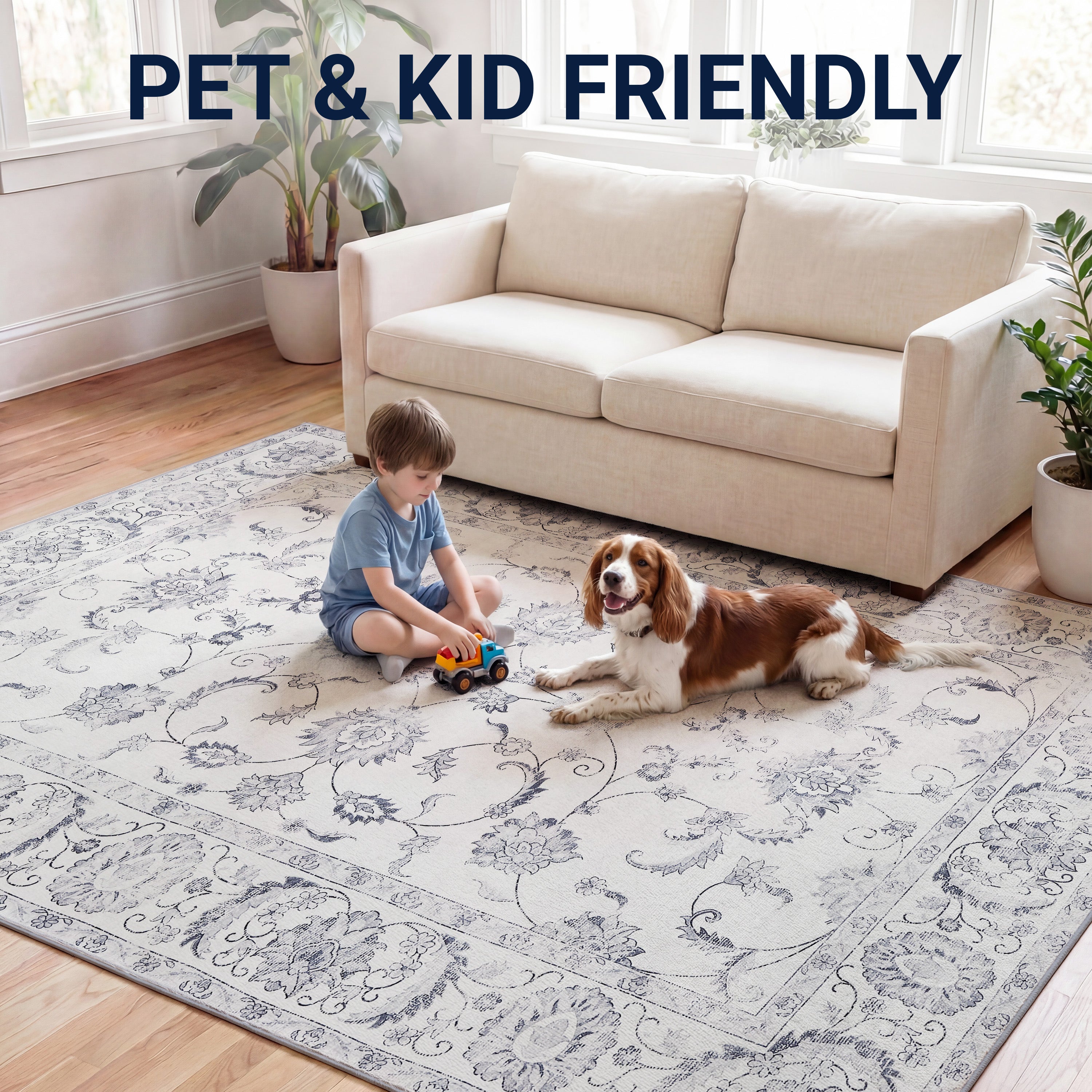 Arabella Vintage Floral Border Non-Slip Machine-Washable Rug