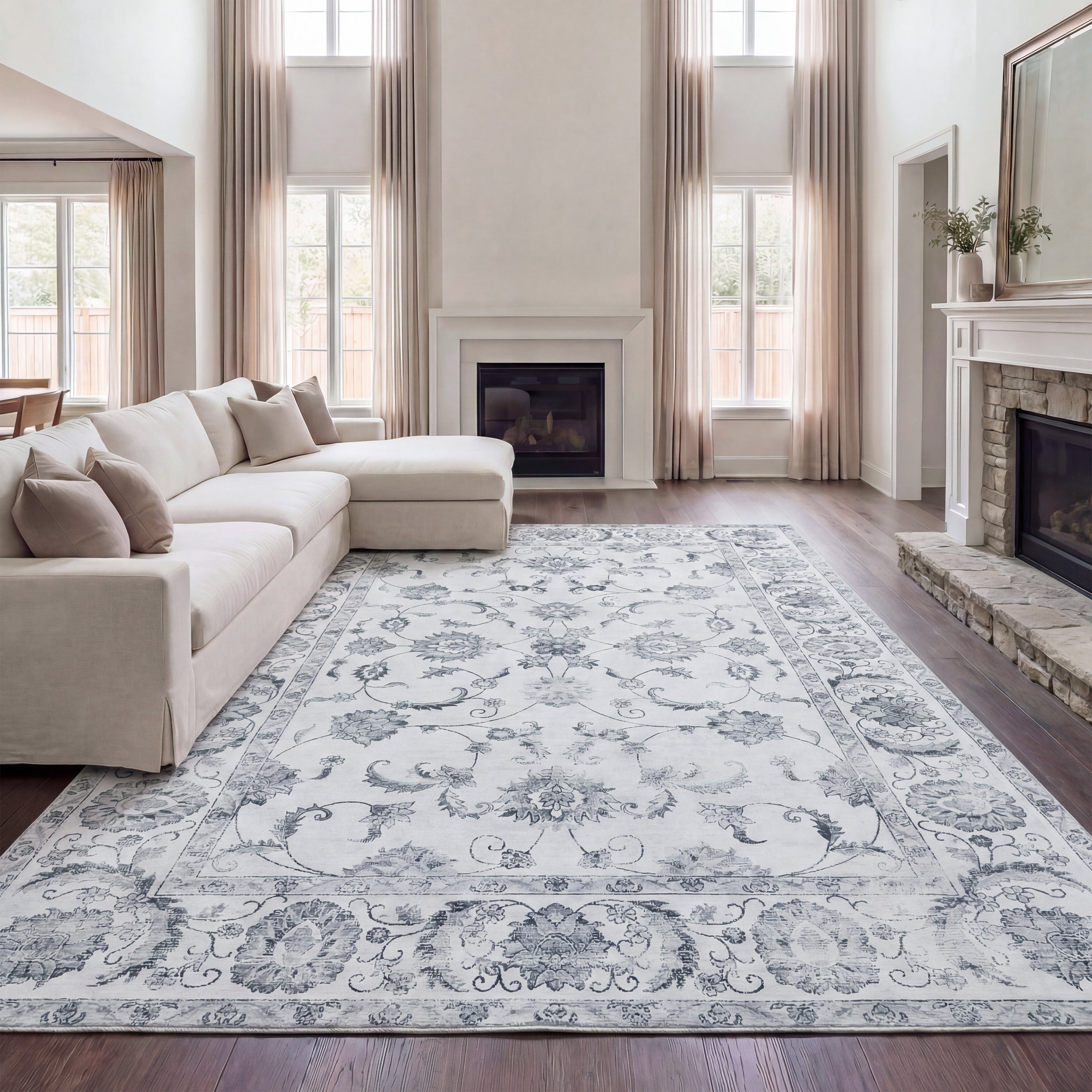 Arabella Vintage Floral Border Non-Slip Machine-Washable Rug