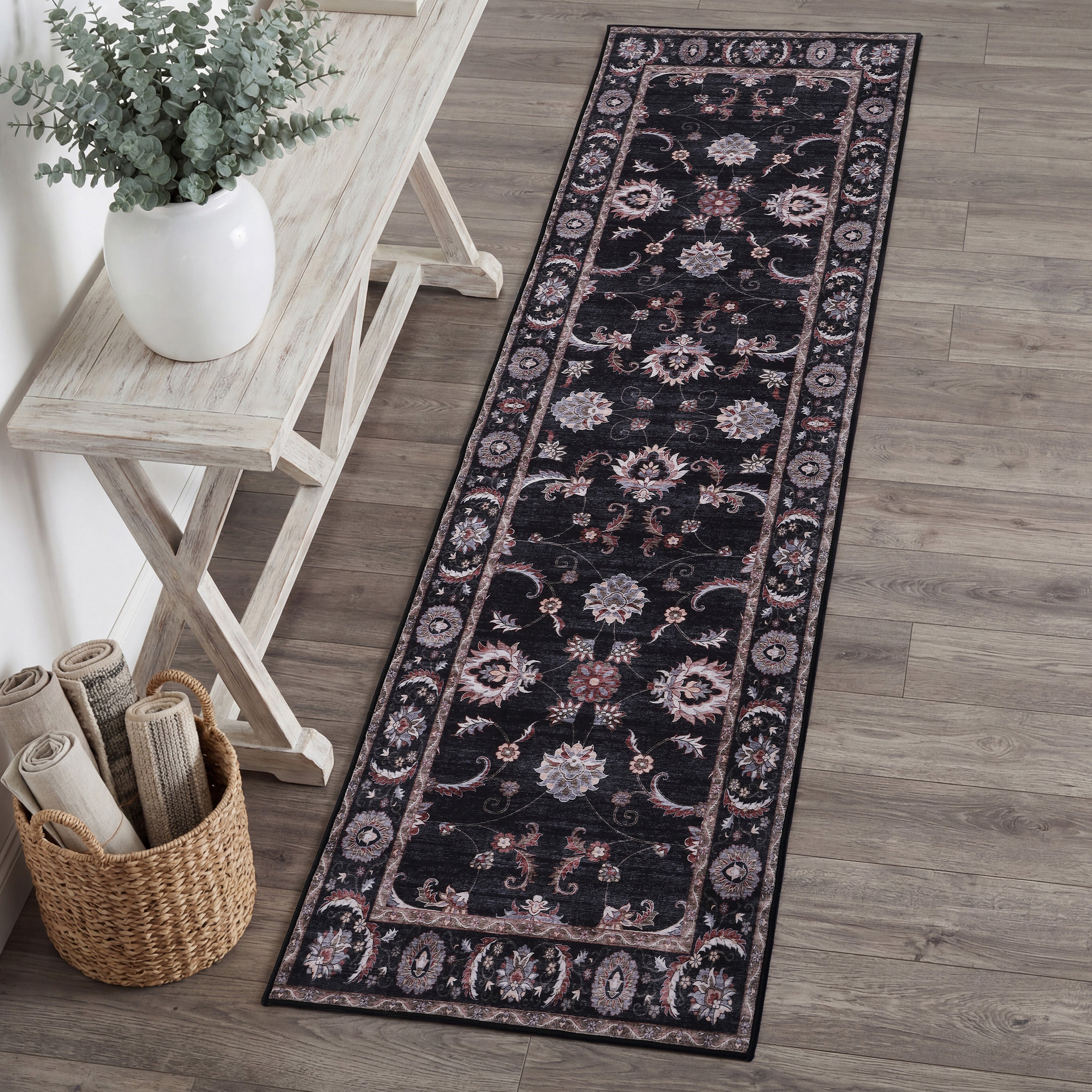 Arabella Vintage Floral Border Non-Slip Machine-Washable Rug