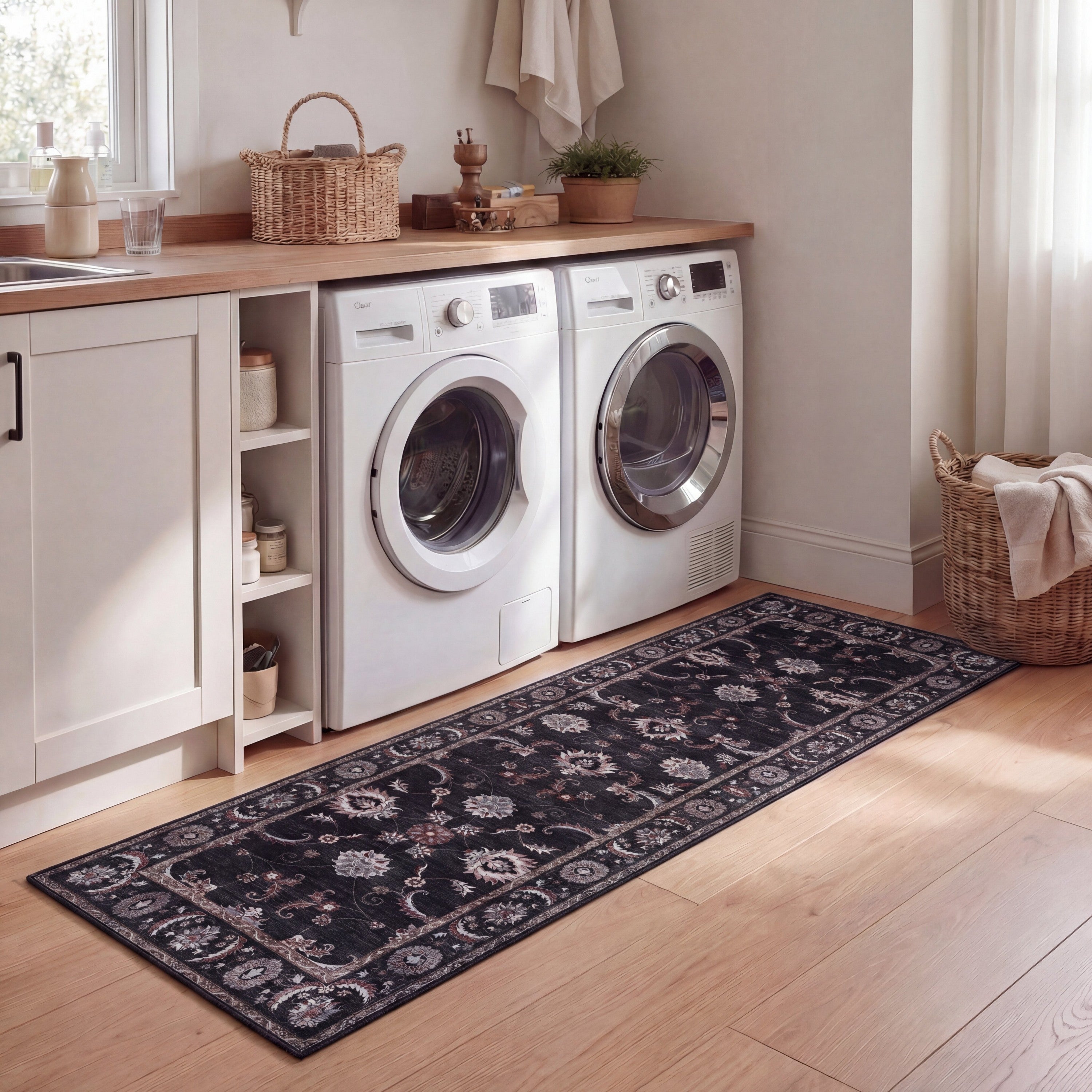 Arabella Vintage Floral Border Non-Slip Machine-Washable Rug