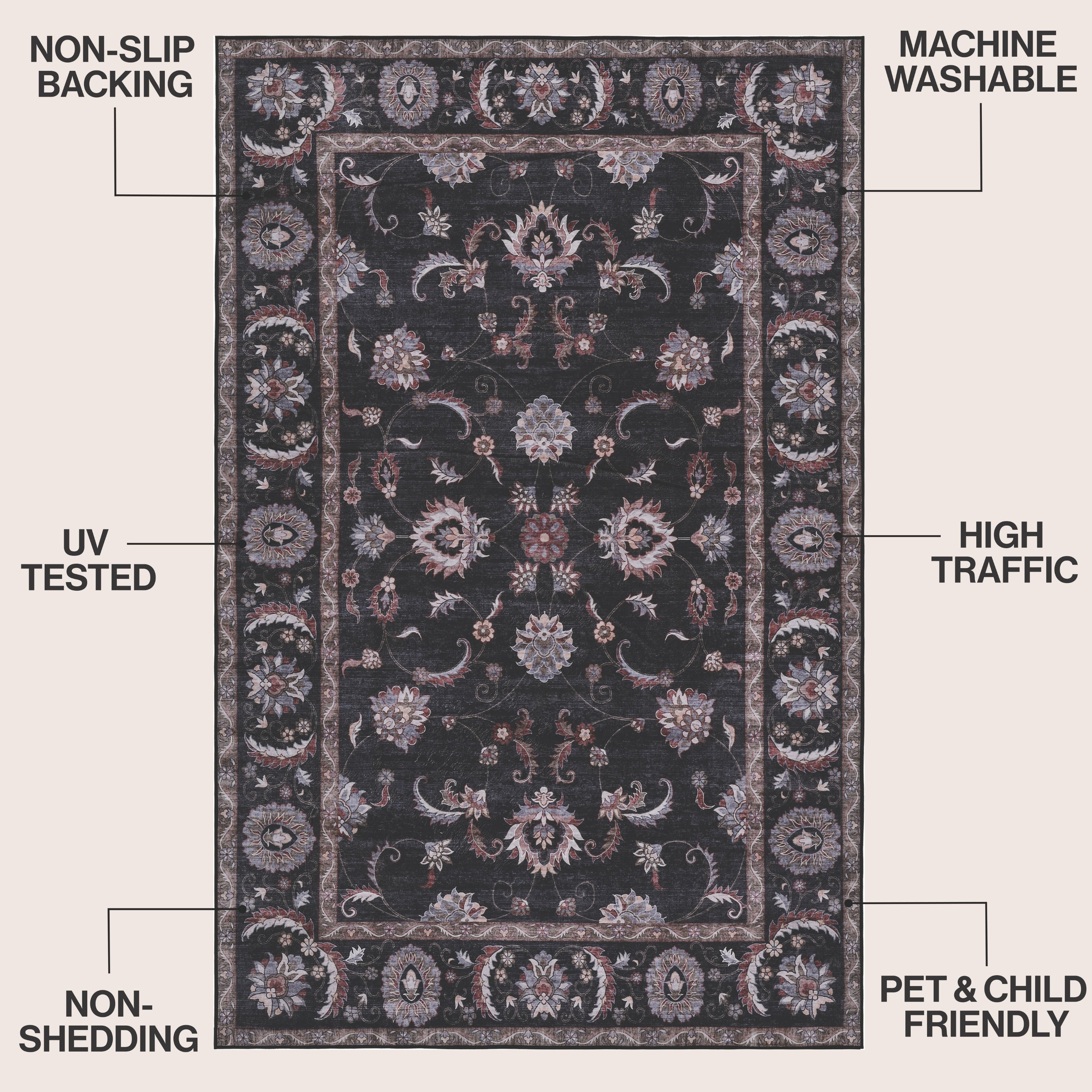 Arabella Vintage Floral Border Non-Slip Machine-Washable Rug
