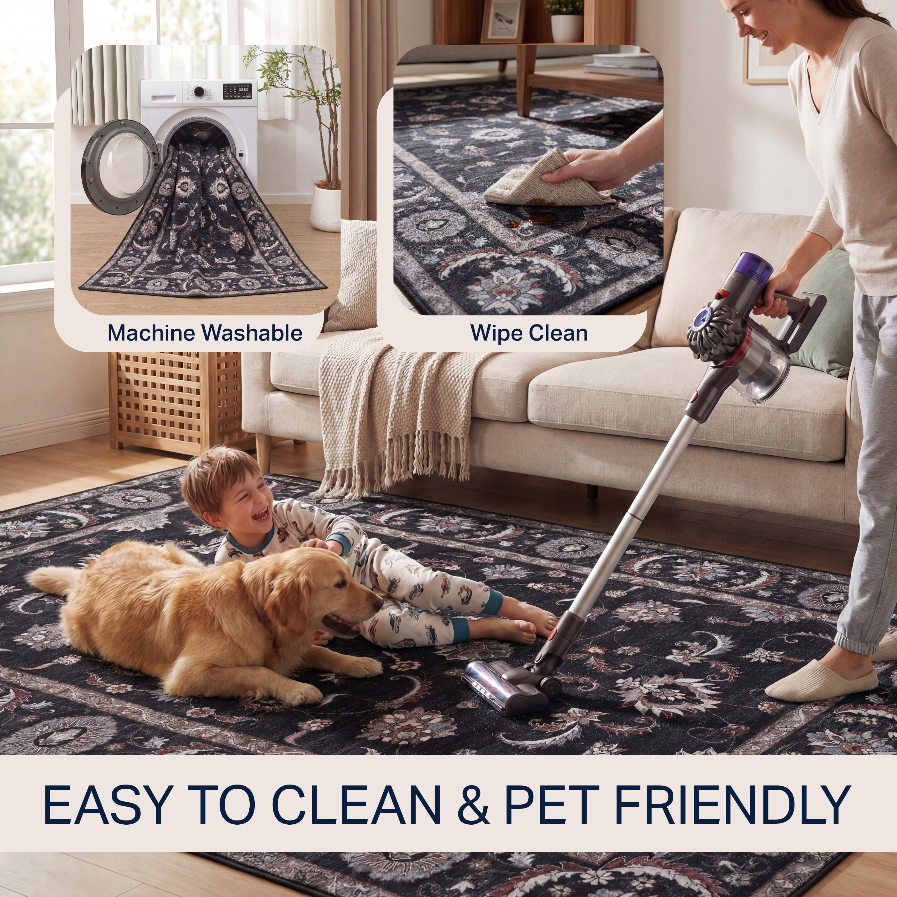 Arabella Vintage Floral Border Non-Slip Machine-Washable Rug