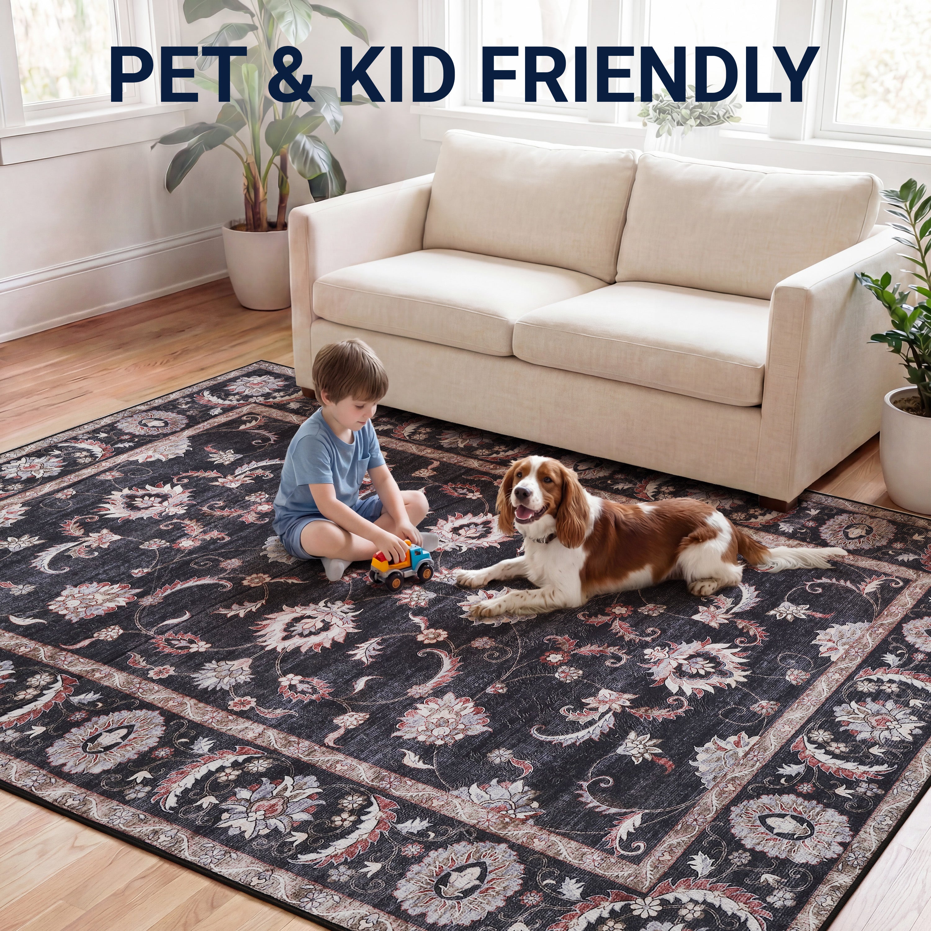 Arabella Vintage Floral Border Non-Slip Machine-Washable Rug