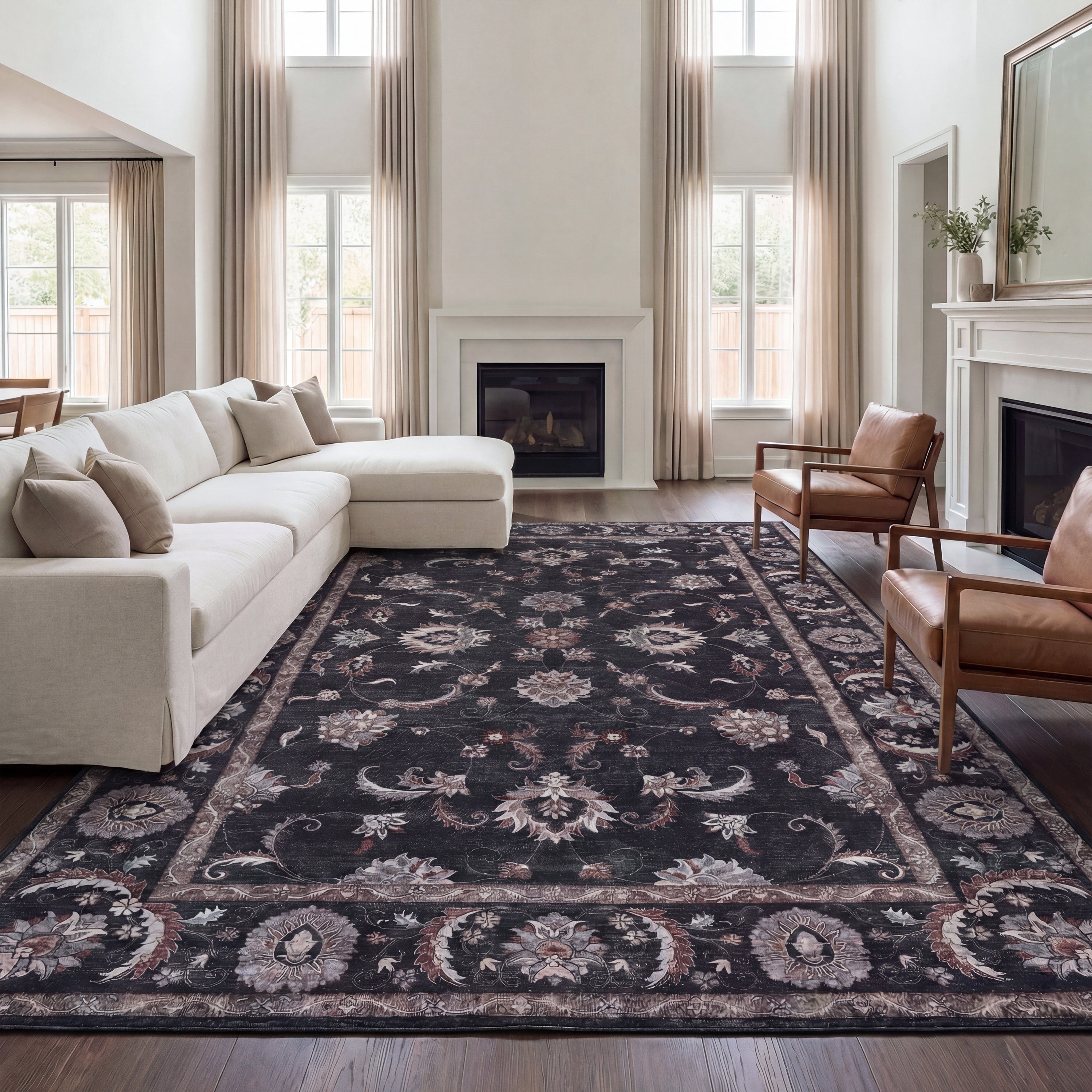 Arabella Vintage Floral Border Non-Slip Machine-Washable Rug