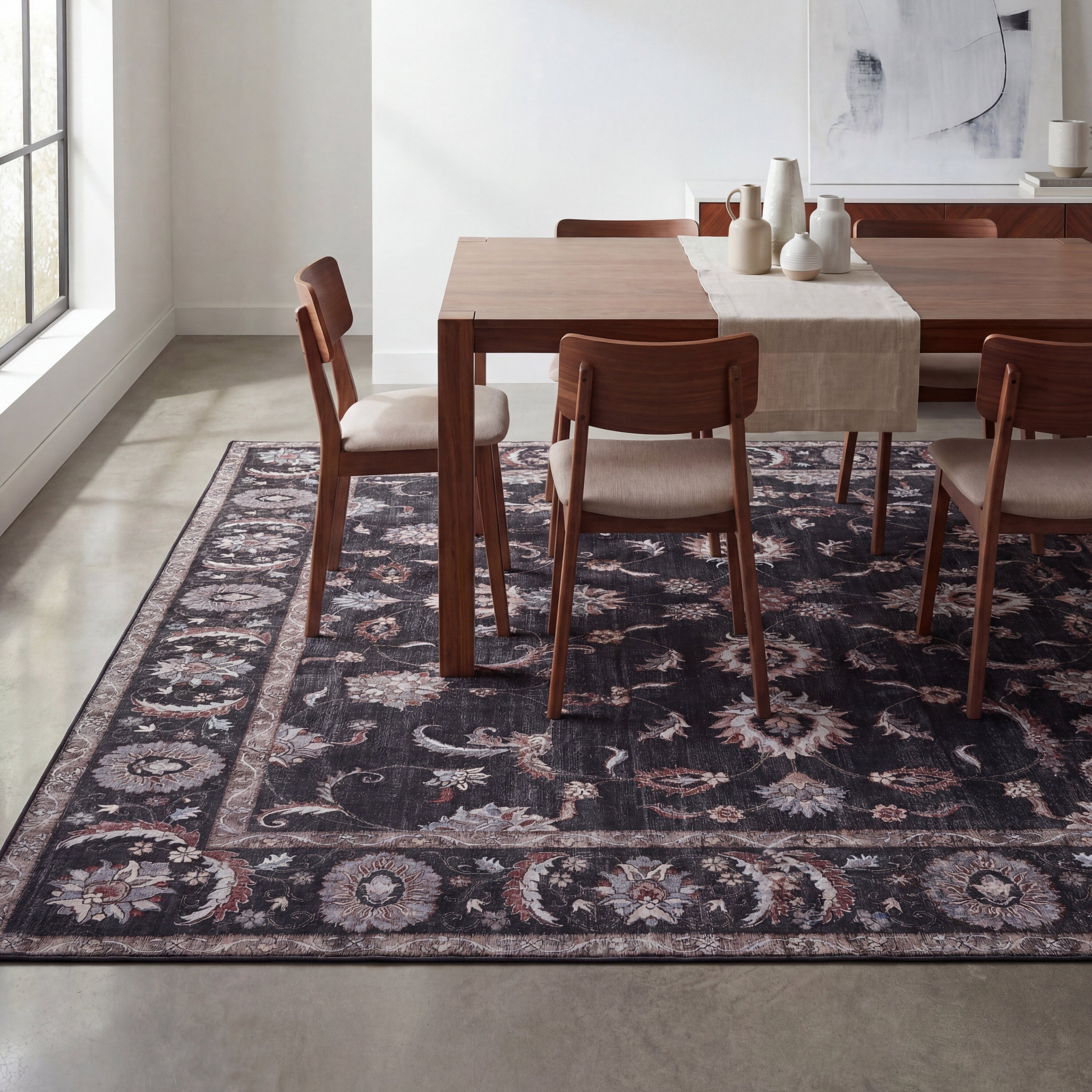 Arabella Vintage Floral Border Non-Slip Machine-Washable Rug