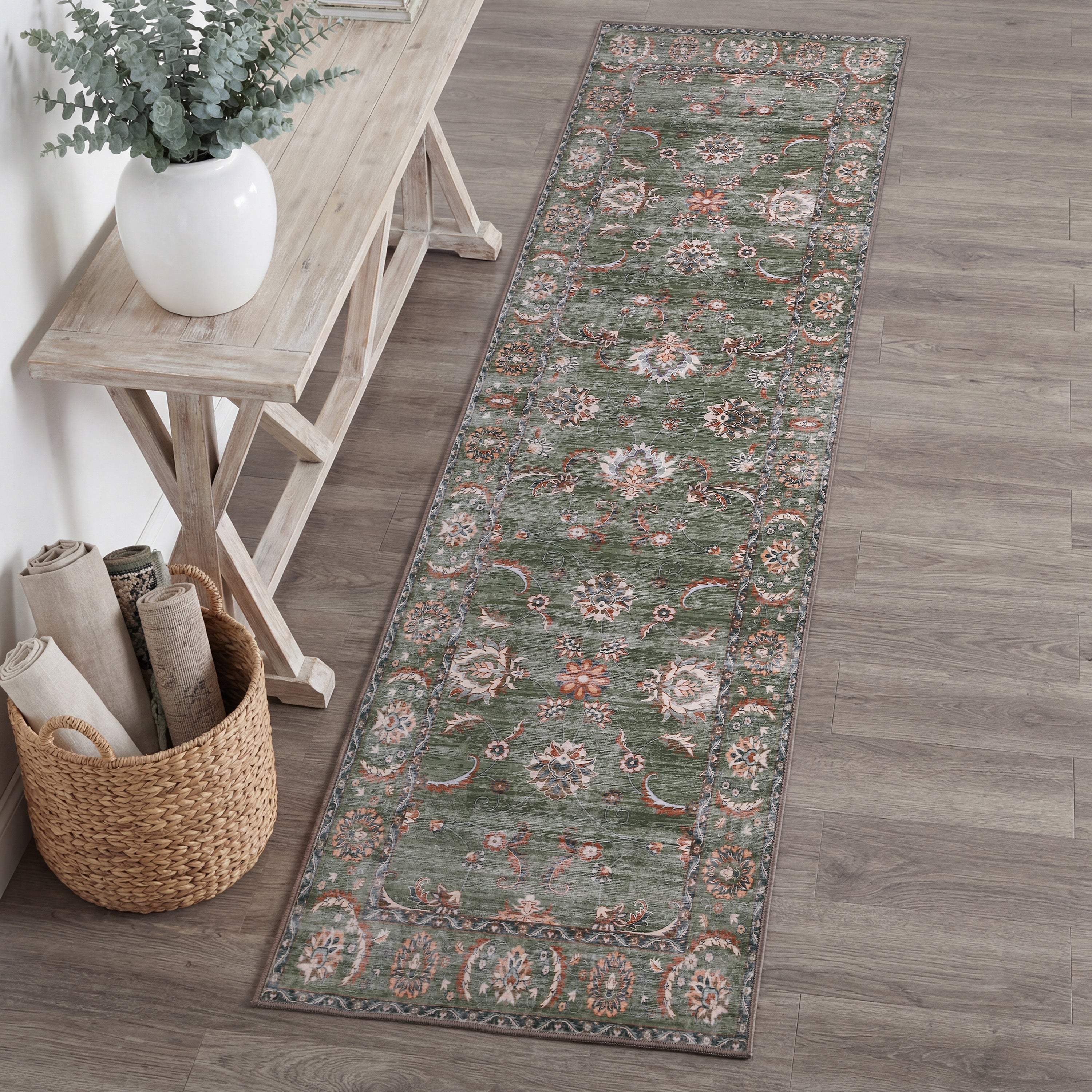 Arabella Vintage Floral Border Non-Slip Machine-Washable Rug
