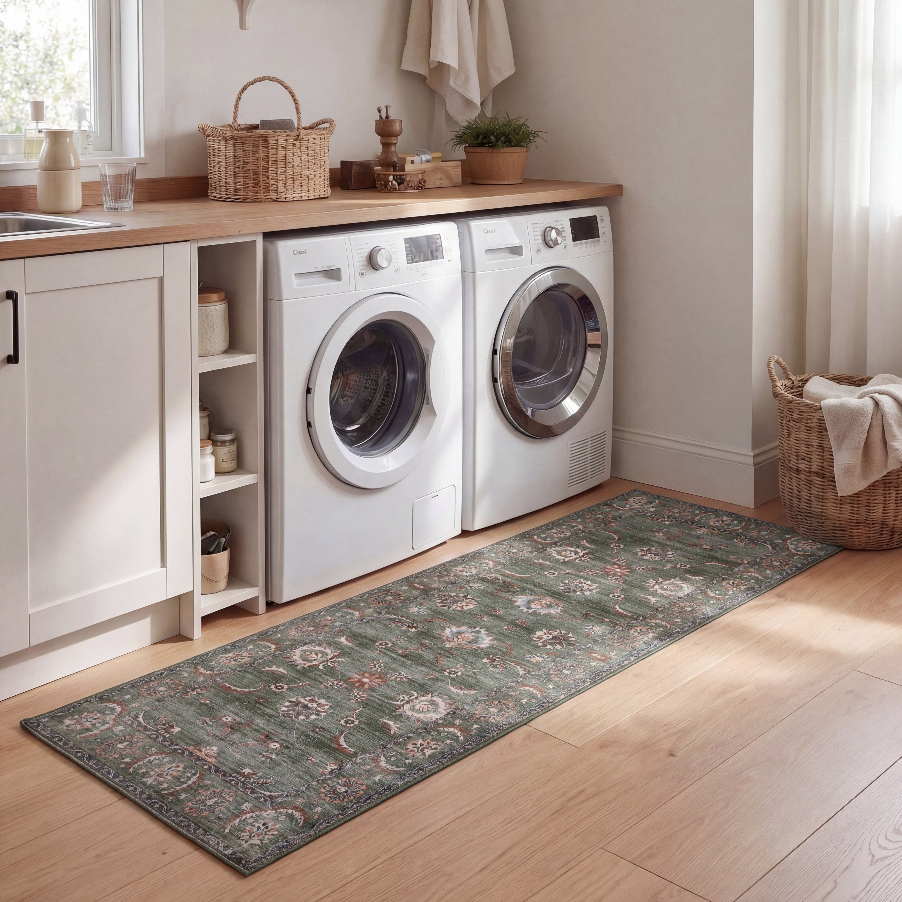 Arabella Vintage Floral Border Non-Slip Machine-Washable Rug
