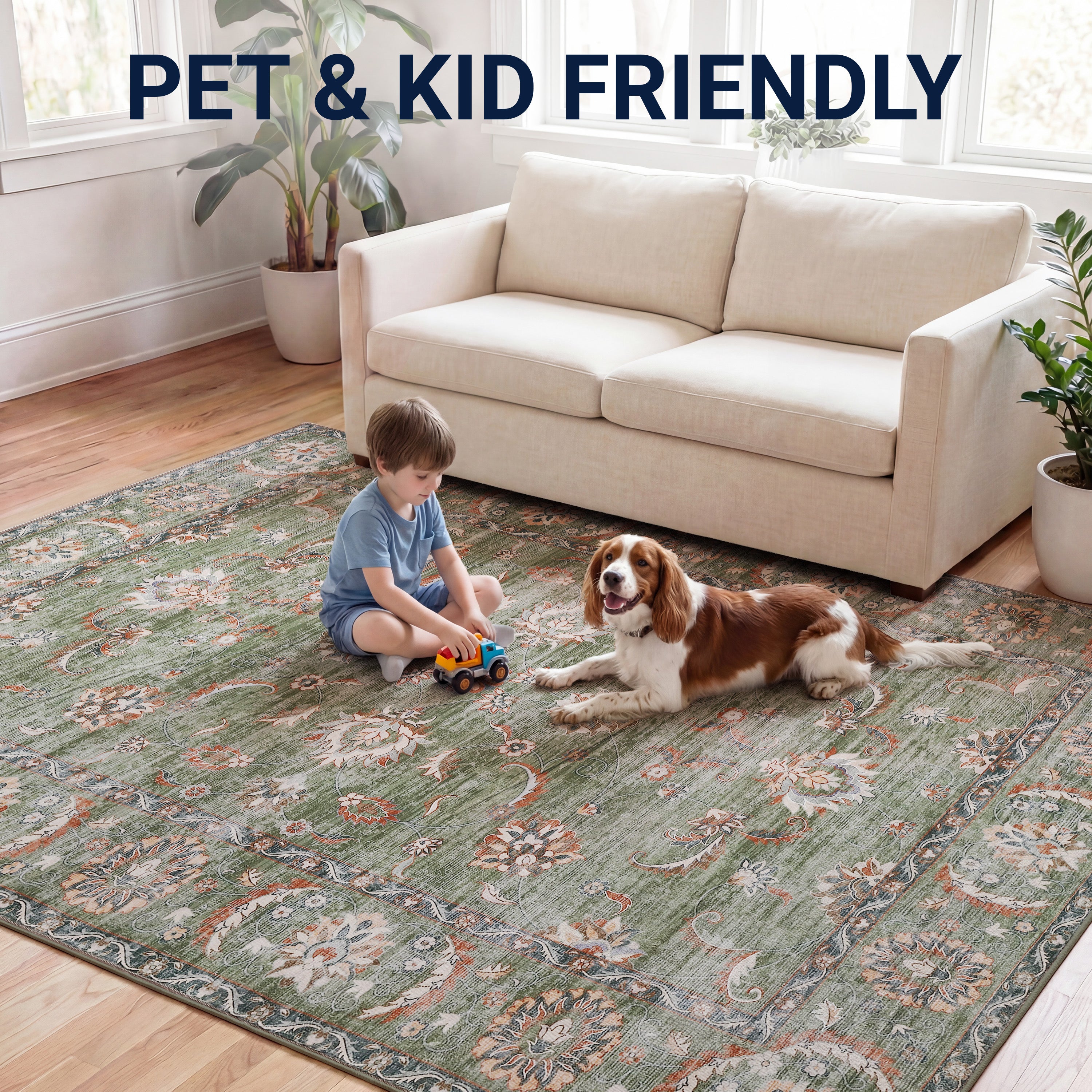 Arabella Vintage Floral Border Non-Slip Machine-Washable Rug