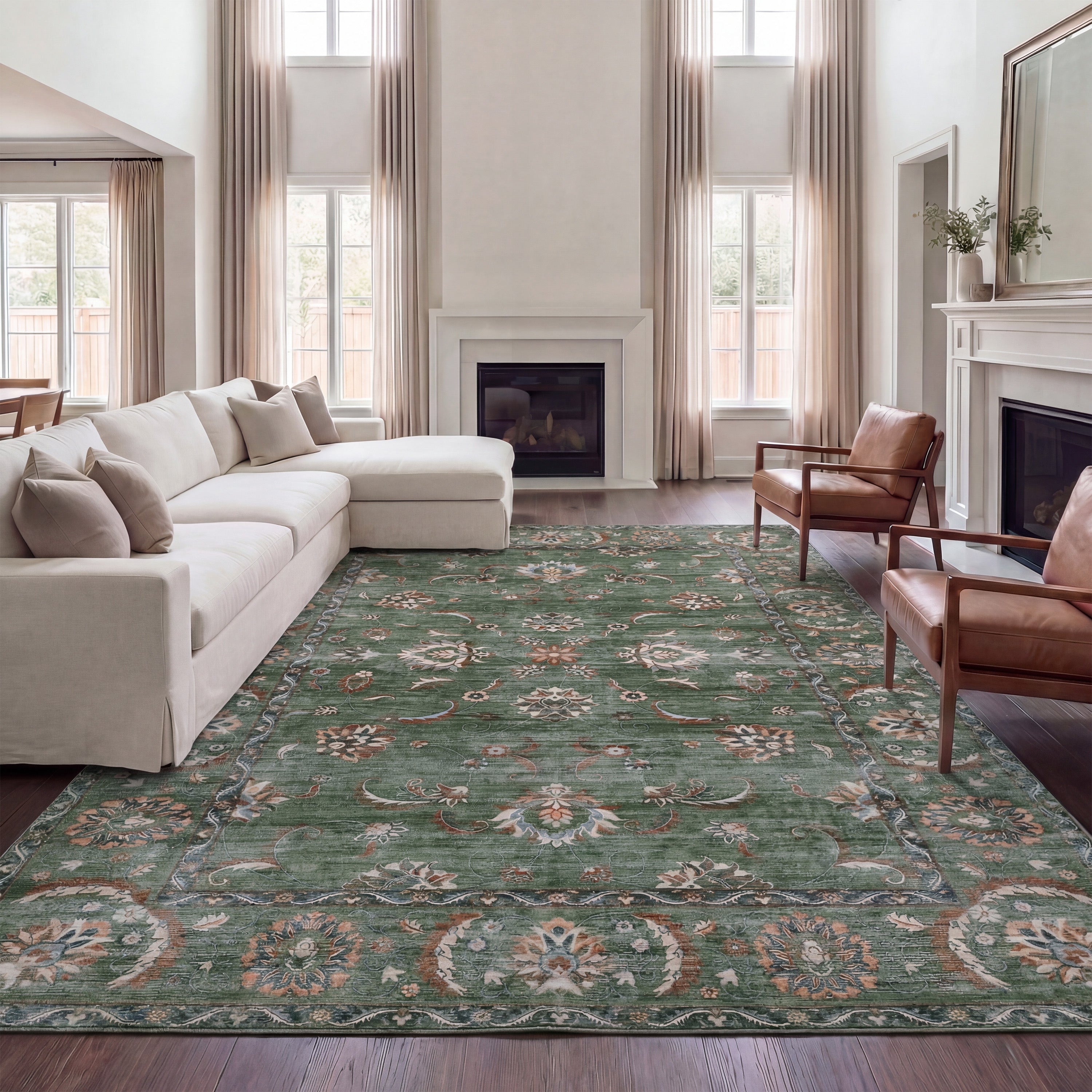 Arabella Vintage Floral Border Non-Slip Machine-Washable Rug