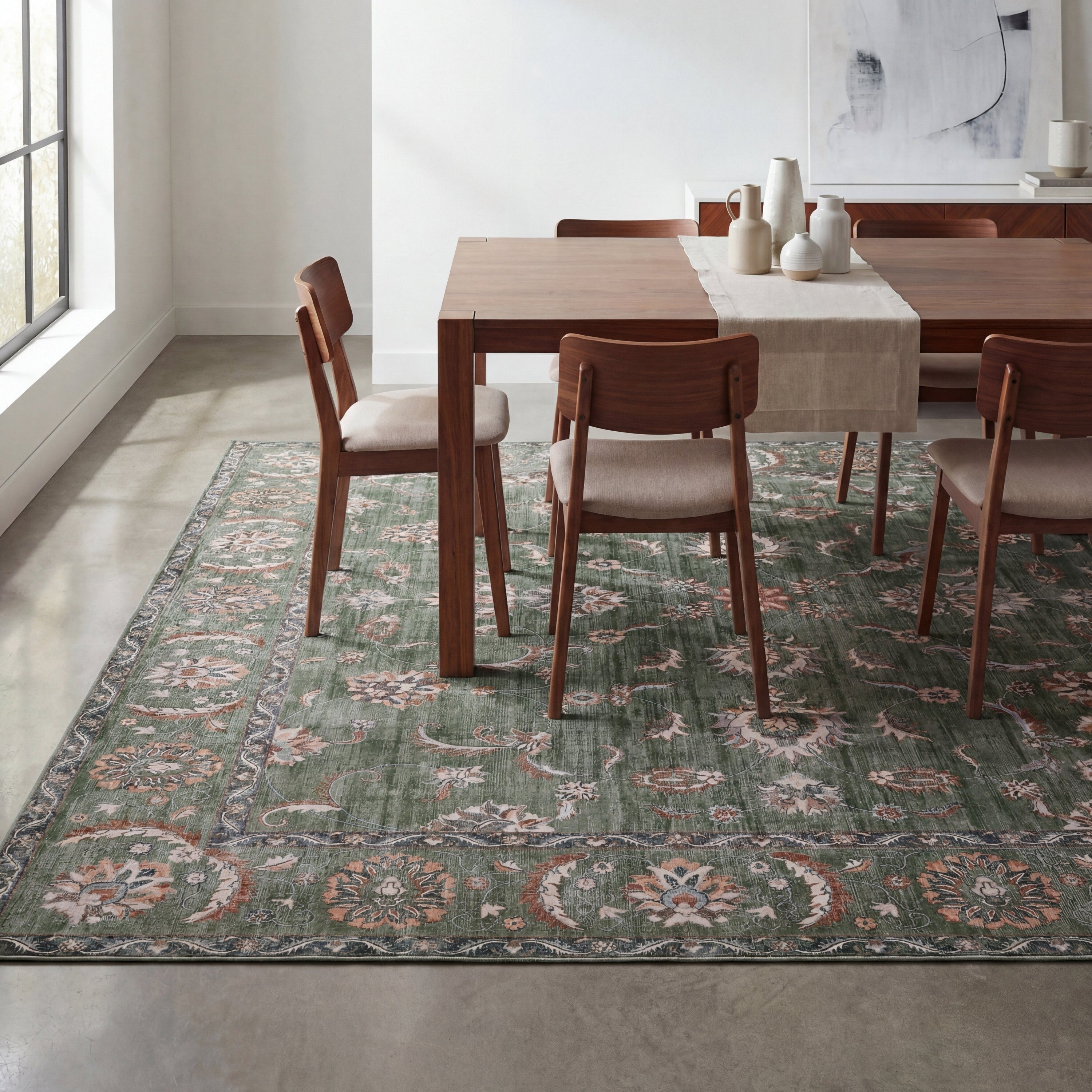 Arabella Vintage Floral Border Non-Slip Machine-Washable Rug