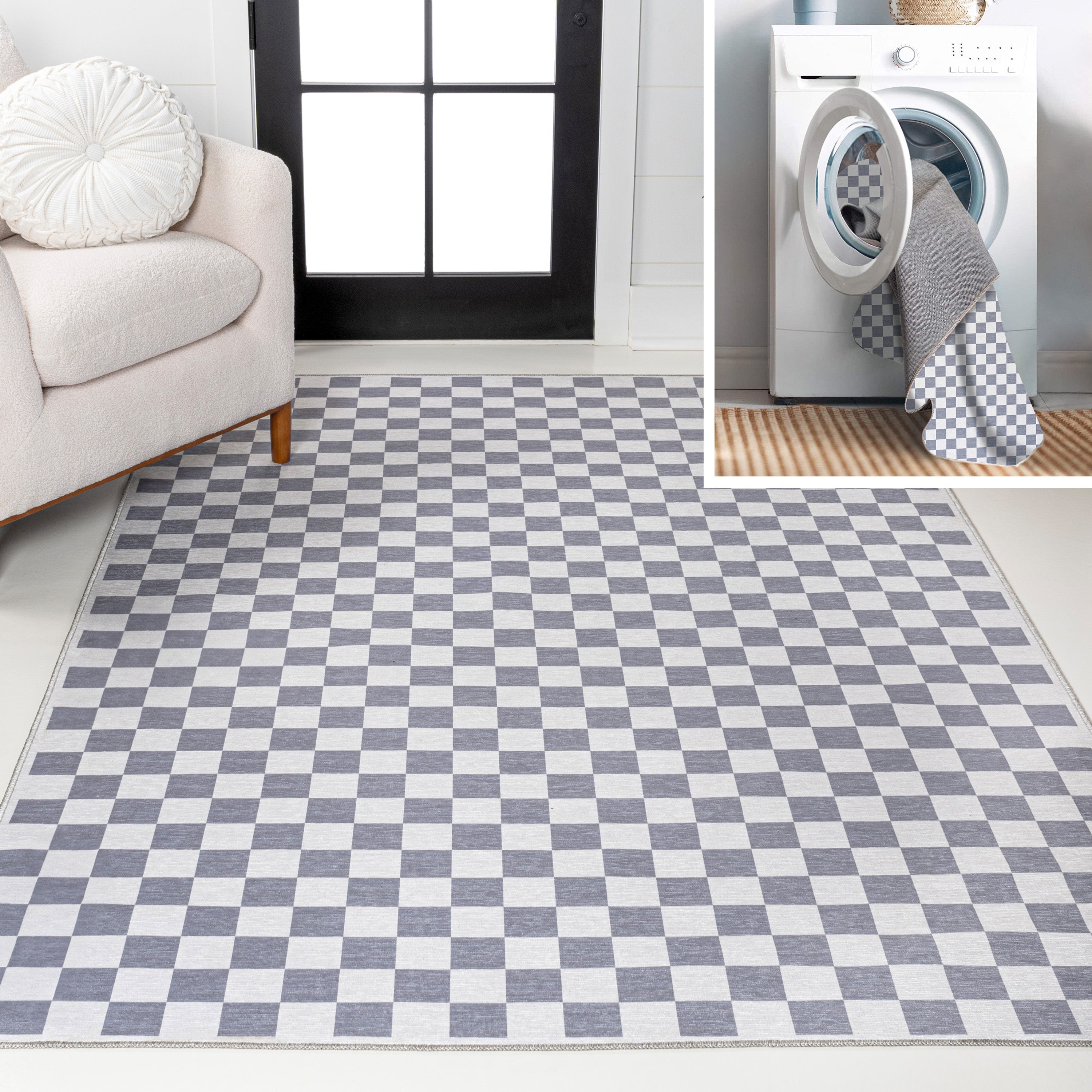 Ainsley Modern Cottage Checkerboard Washable Purple Area Rug