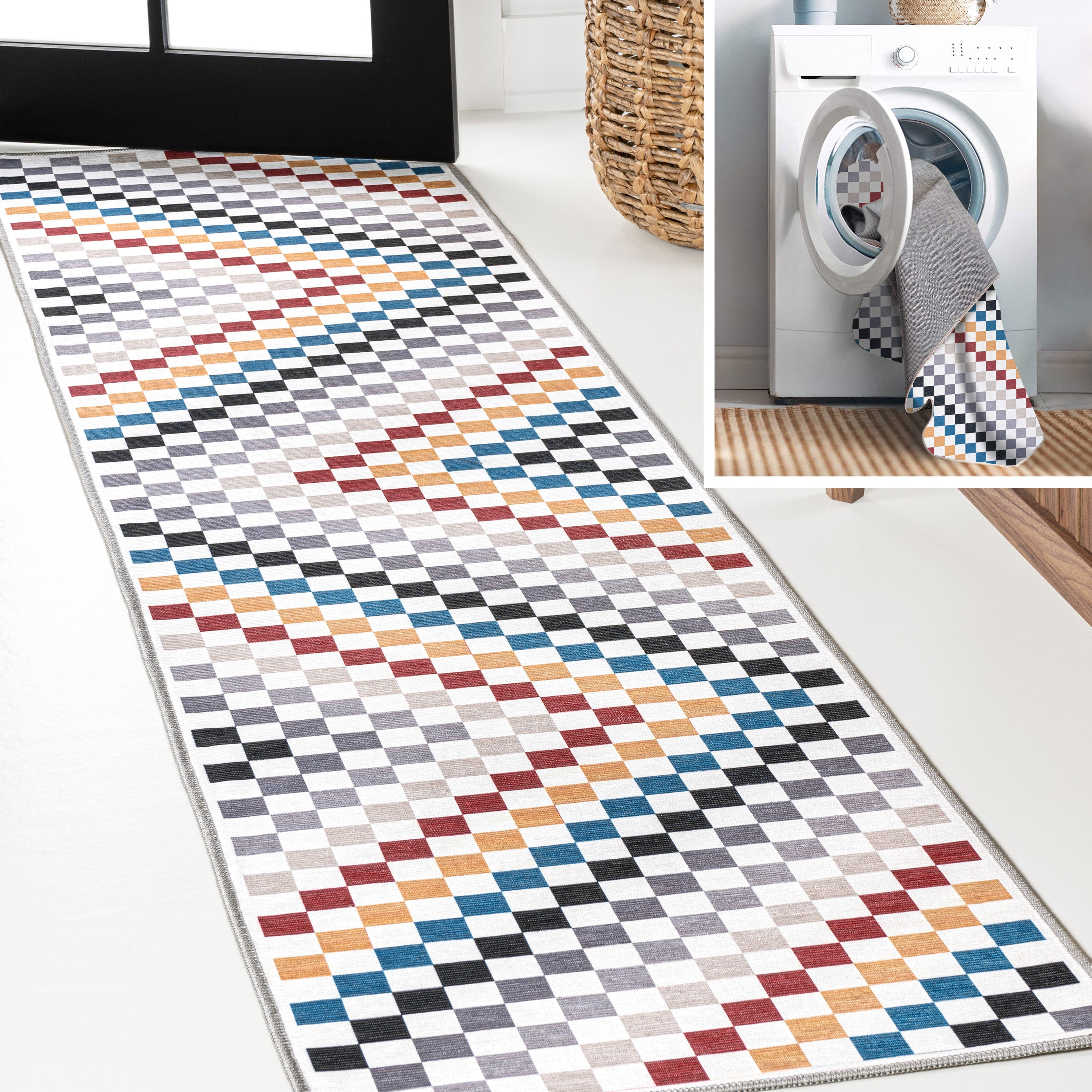 Ainsley Modern Cottage Checkerboard Washable Purple Area Rug