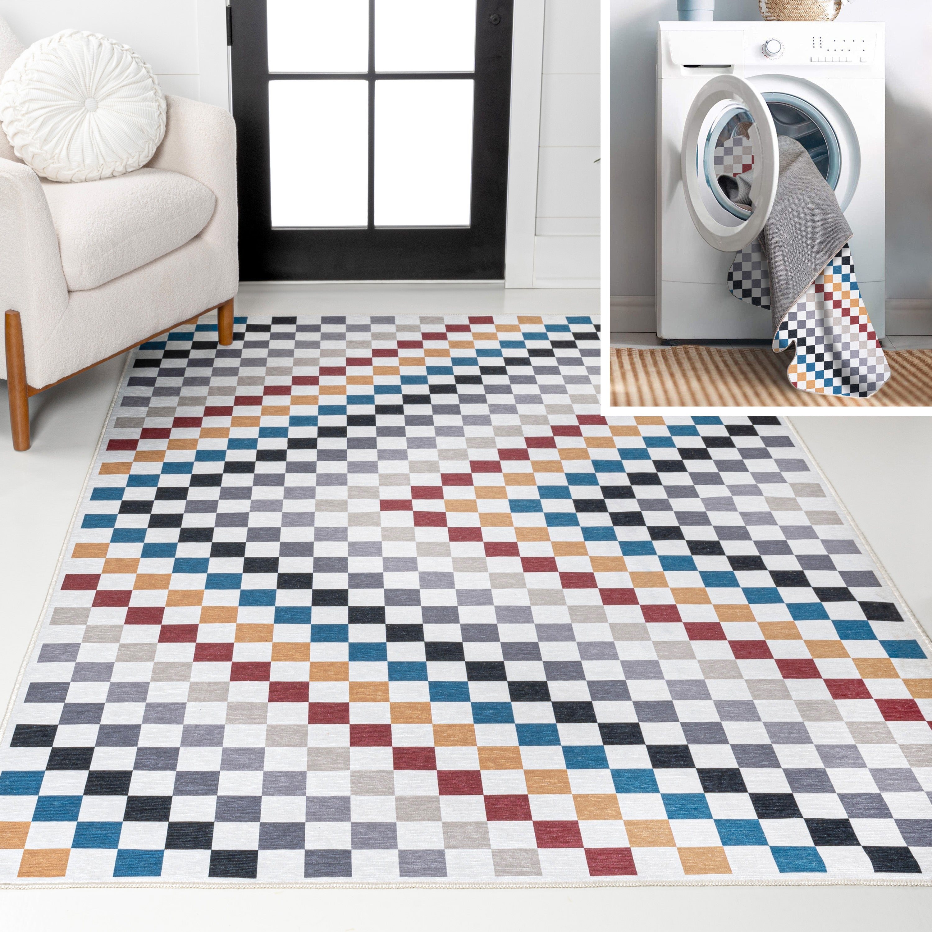 Ainsley Modern Cottage Checkerboard Washable Purple Area Rug