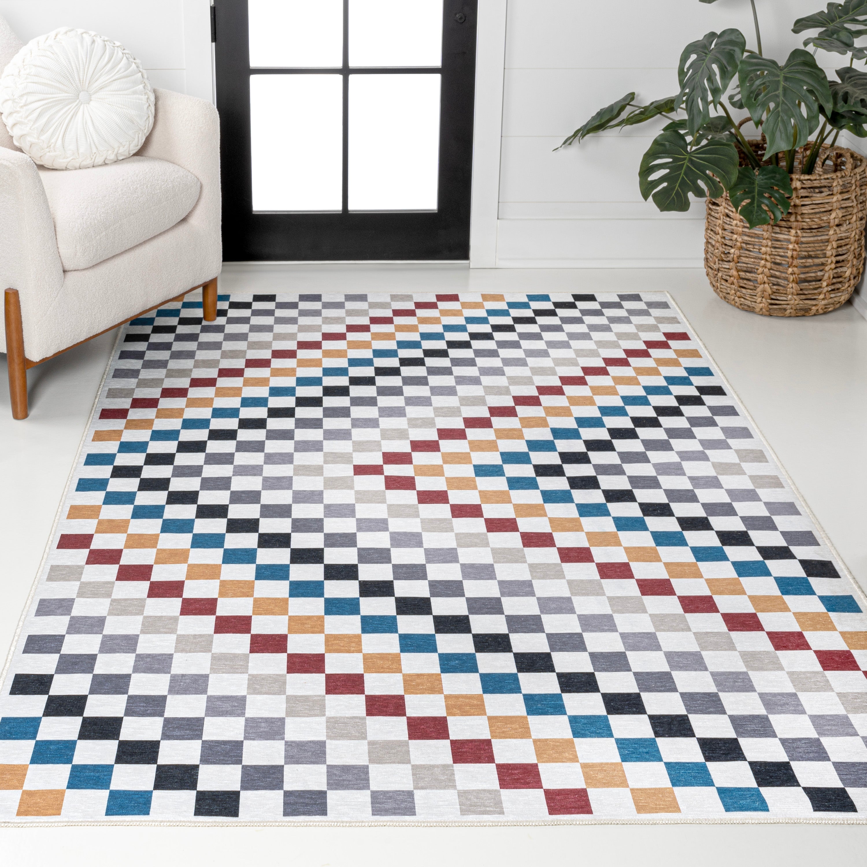 Ainsley Modern Cottage Checkerboard Washable Purple Area Rug