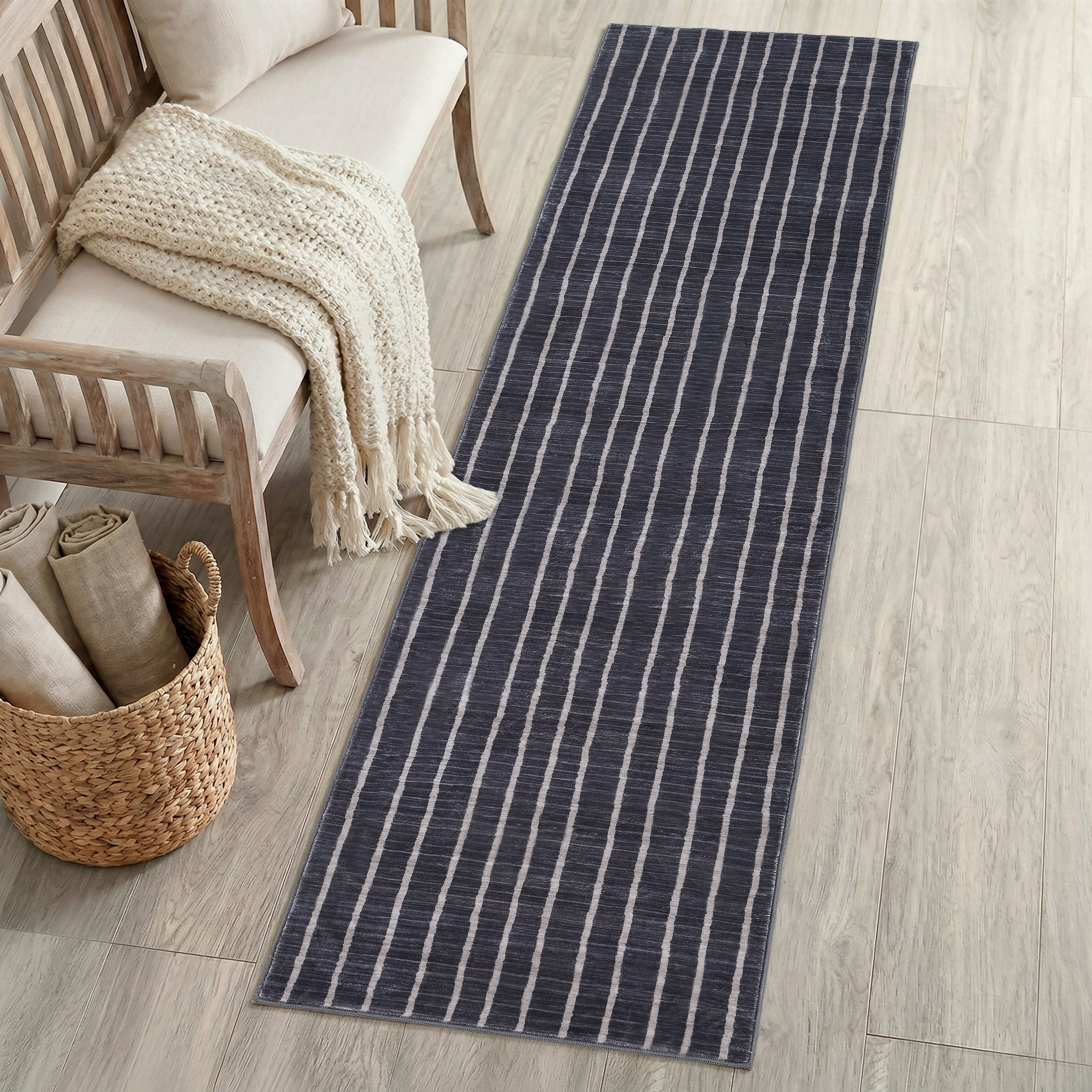 Orton Distressed Ticking Stripe Non-Slip Machine-Washable Rug