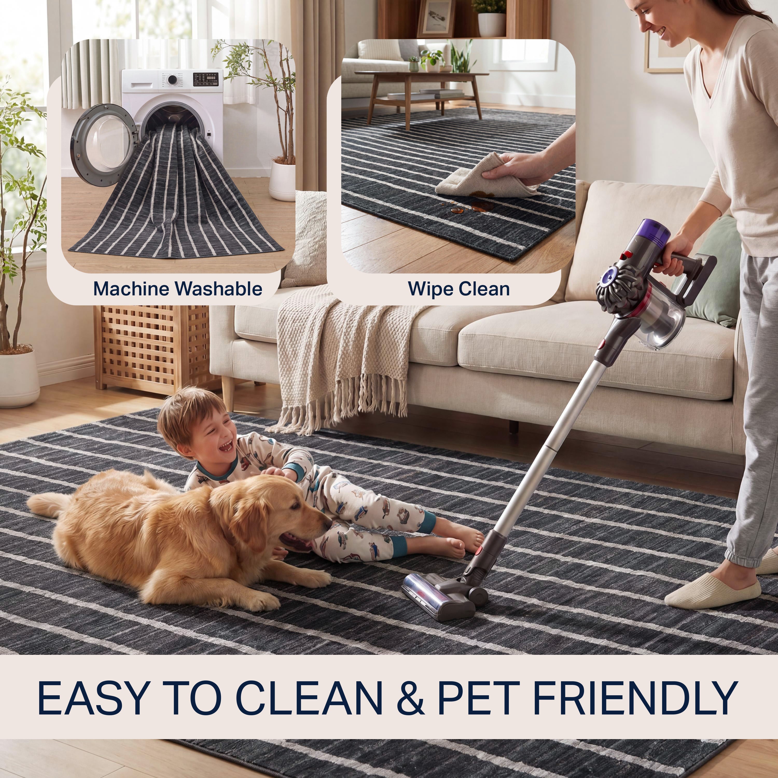 Orton Distressed Ticking Stripe Non-Slip Machine-Washable Rug