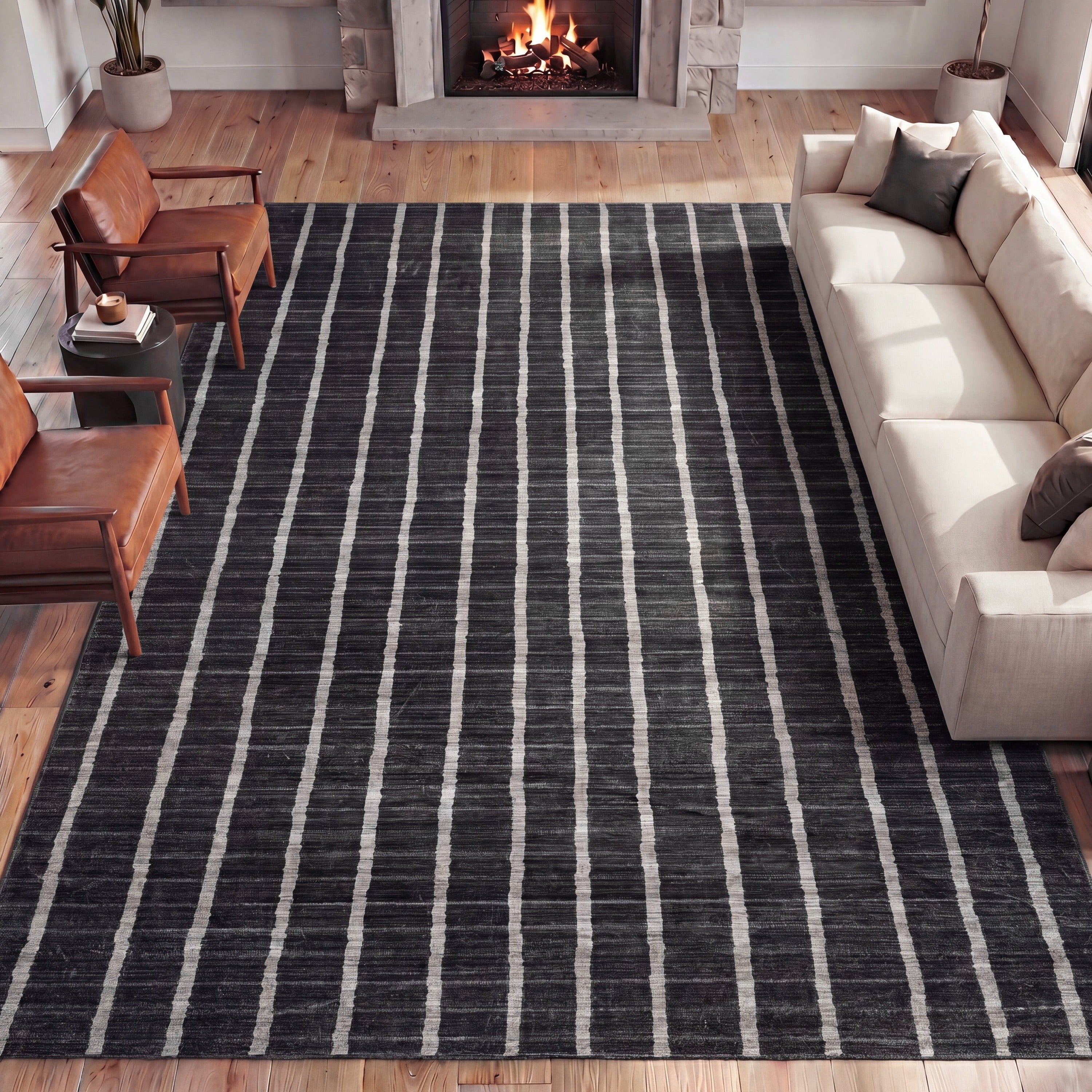 Orton Distressed Ticking Stripe Non-Slip Machine-Washable Rug