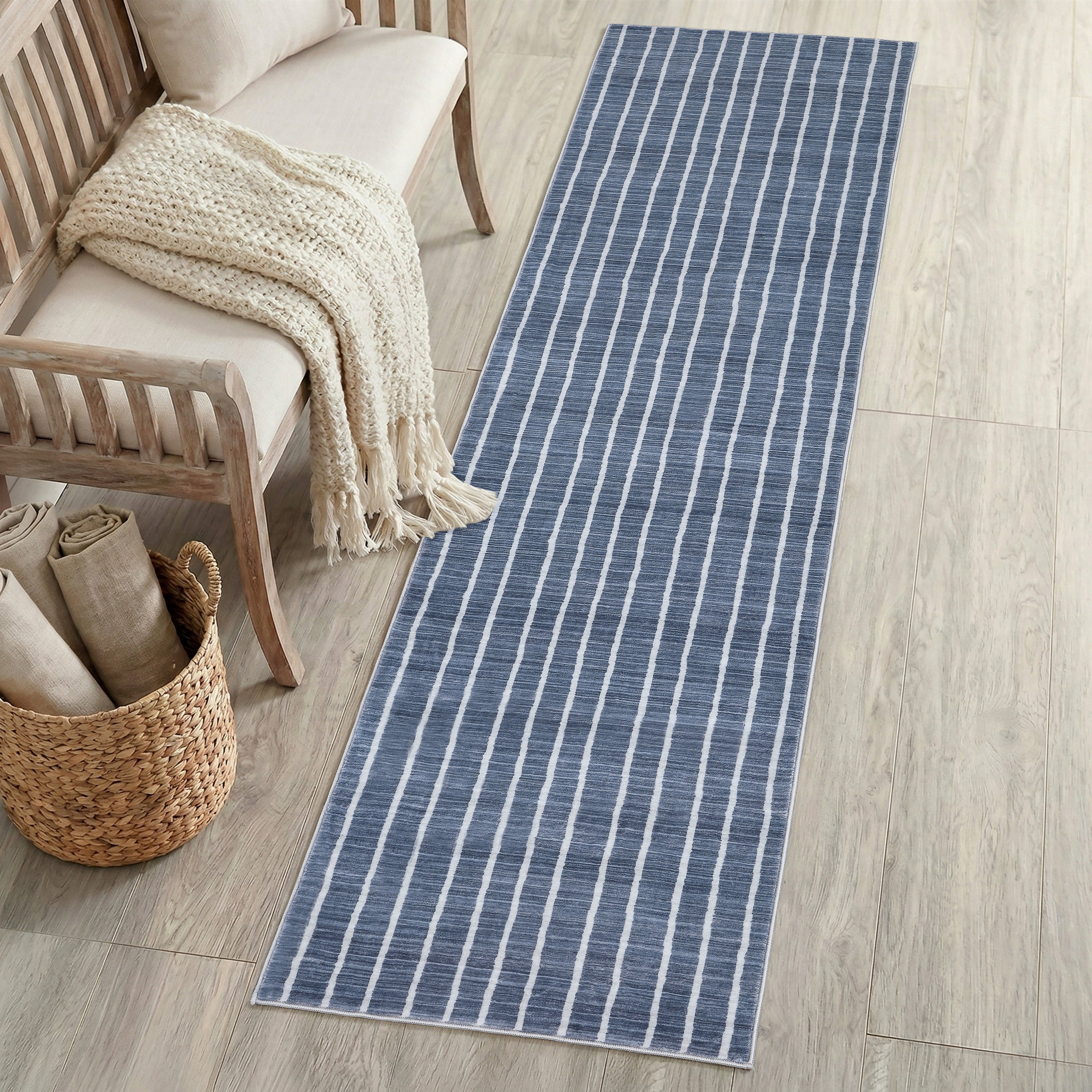 Orton Distressed Ticking Stripe Non-Slip Machine-Washable Rug