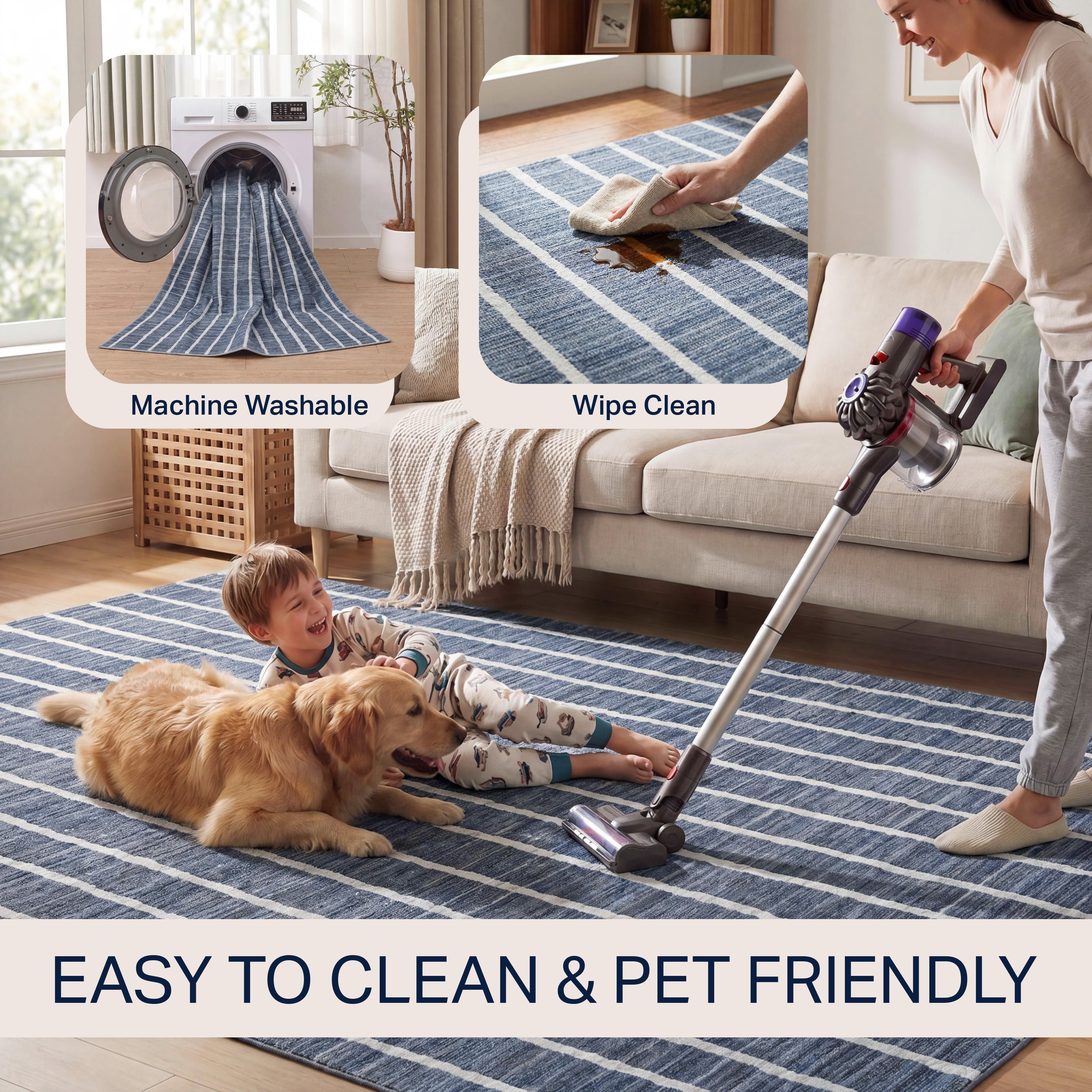 Orton Distressed Ticking Stripe Non-Slip Machine-Washable Rug