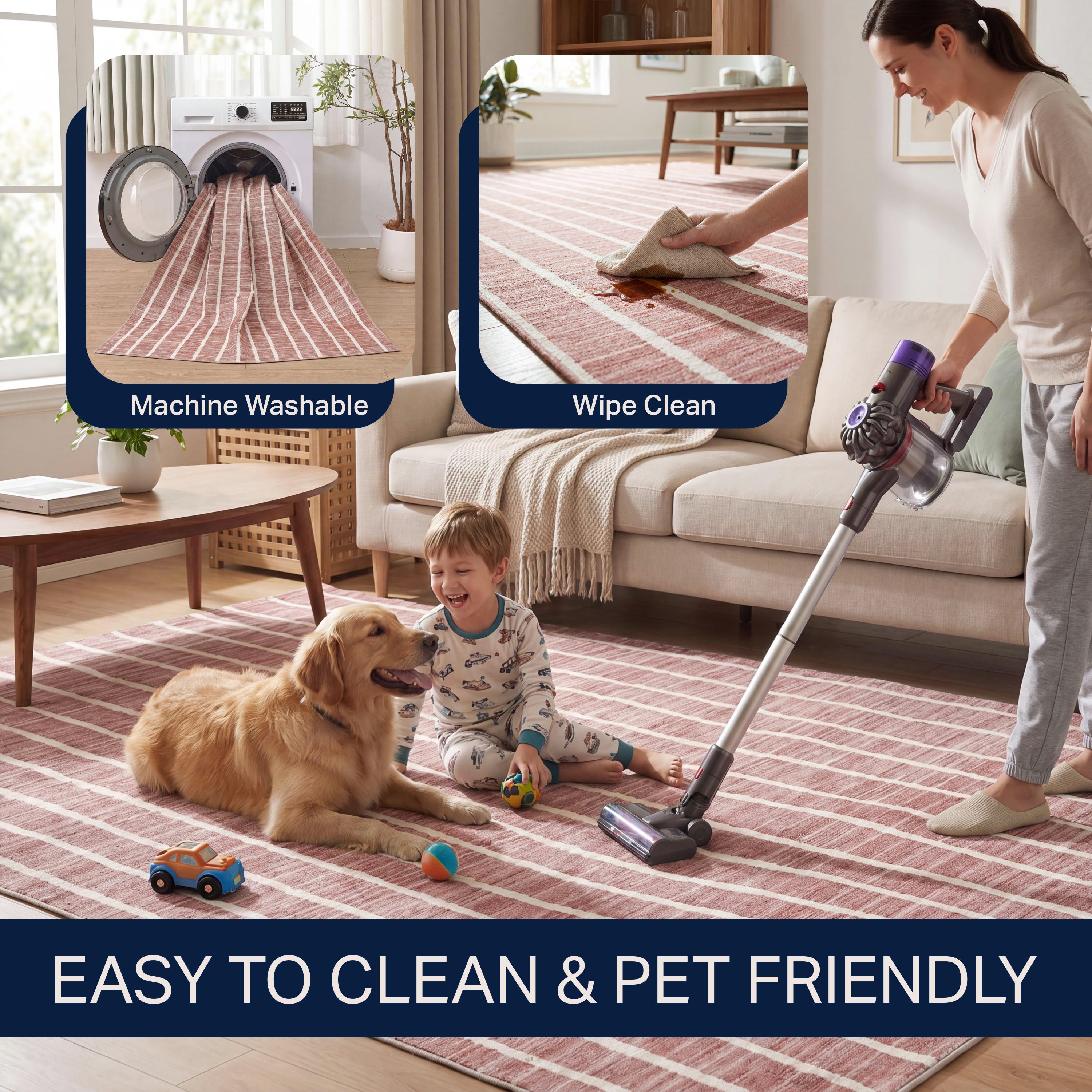 Orton Distressed Ticking Stripe Non-Slip Machine-Washable Rug