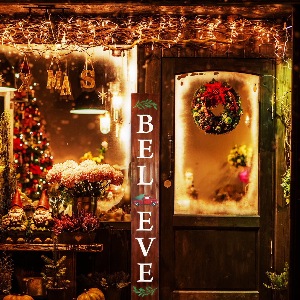 Brown Christmas Believe Wood Porch Sign