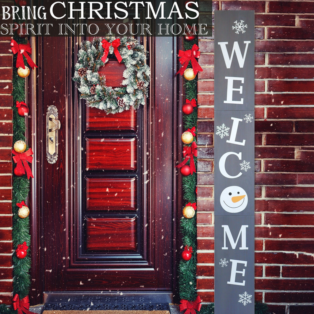 Gray Snowman Christmas Welcome Wood Porch Sign
