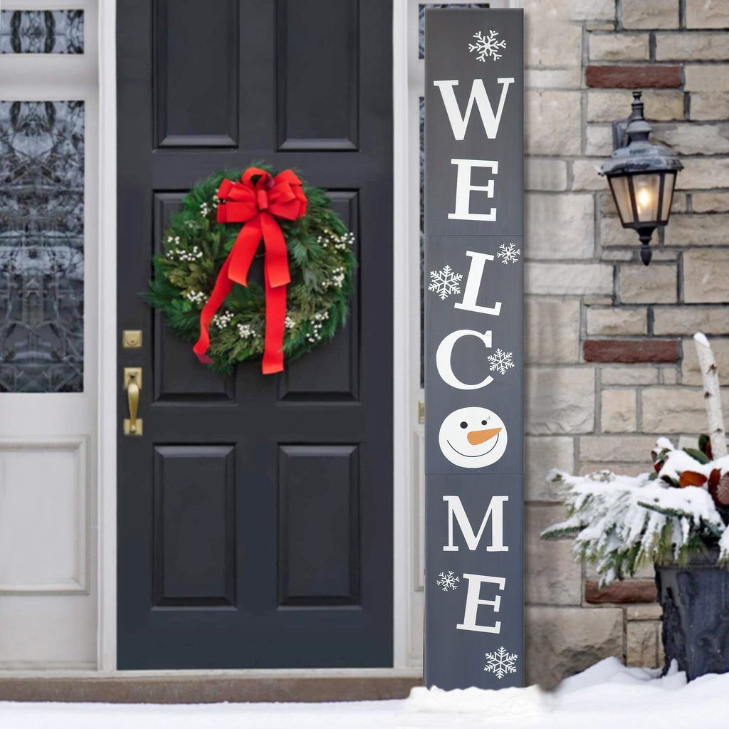 Gray Snowman Christmas Welcome Wood Porch Sign