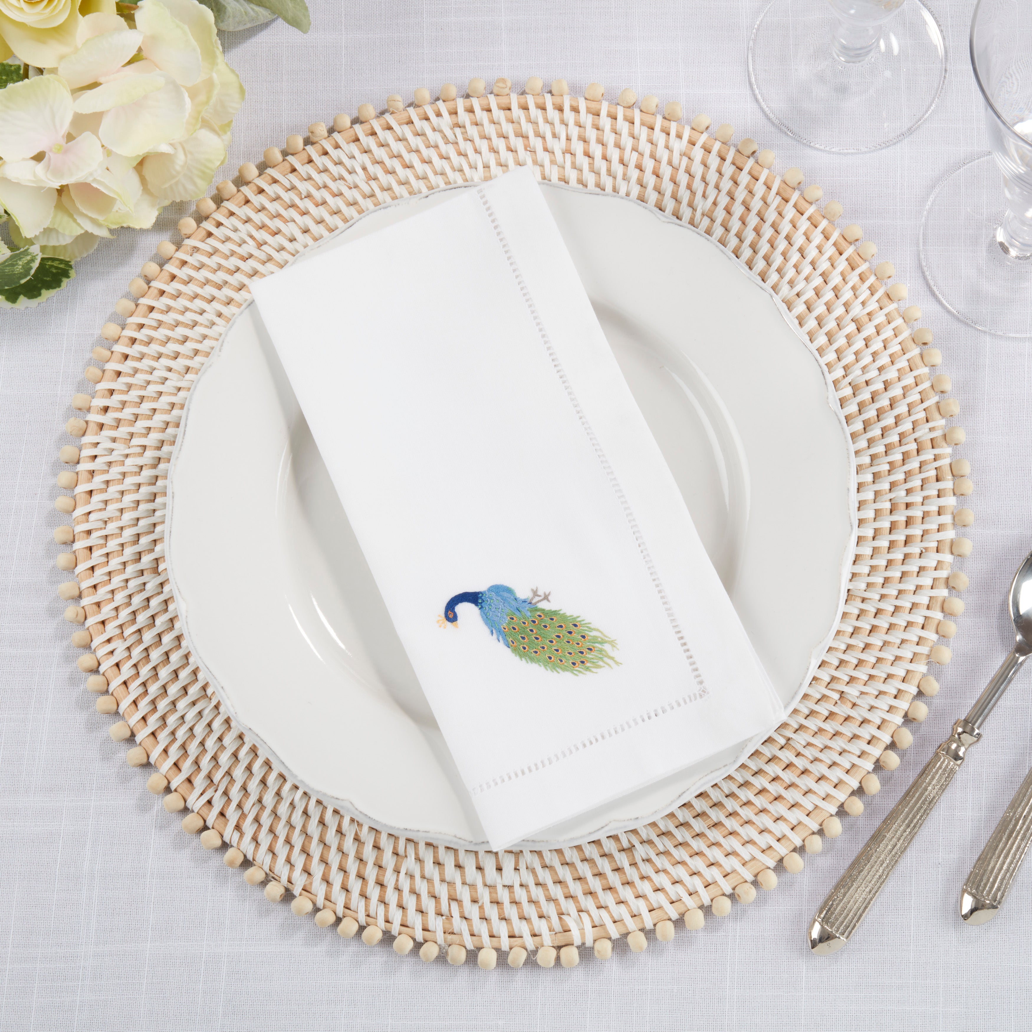 Embroidered Peacock Table Napkins, Set of 4