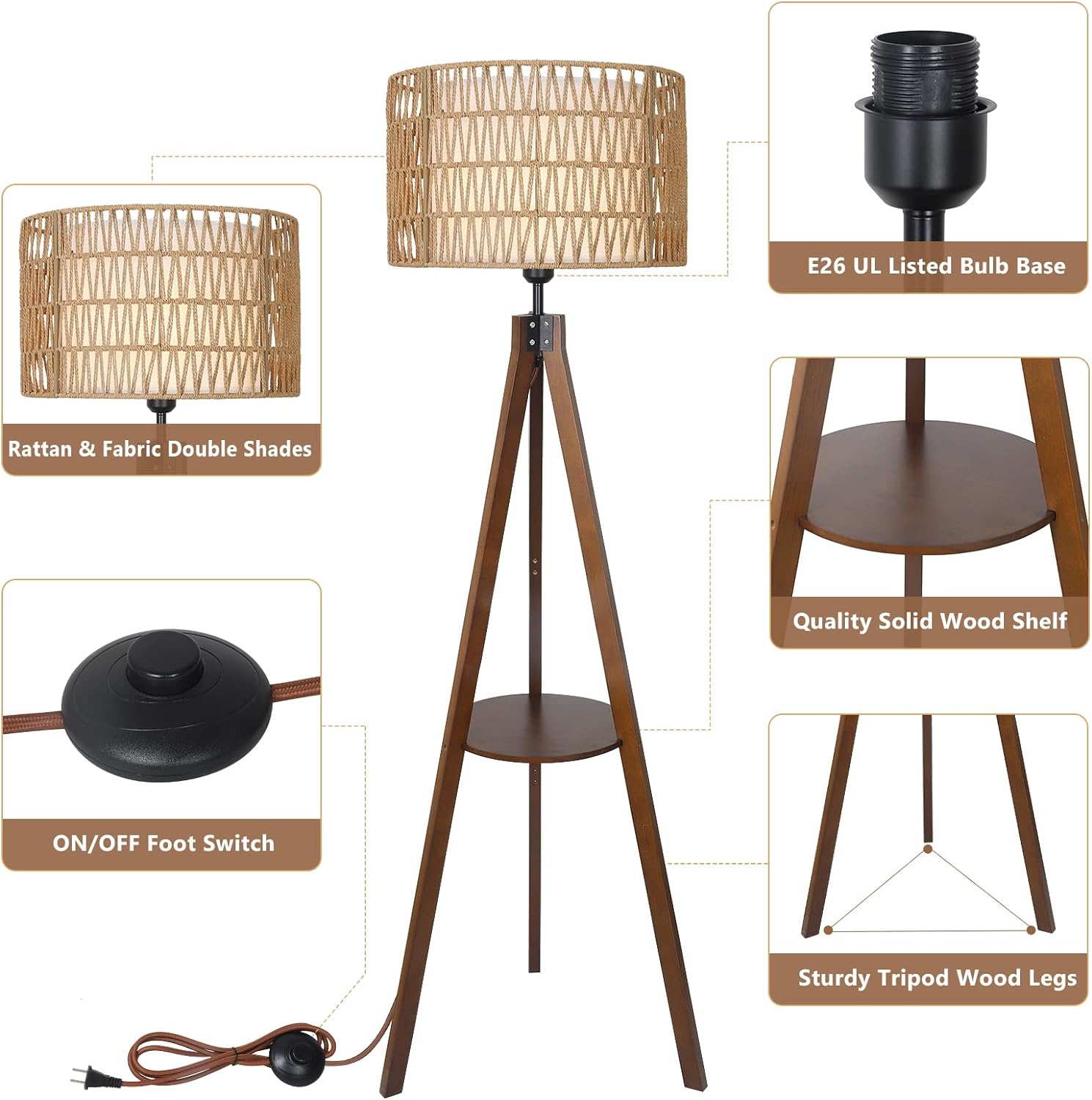 Tripod Floor Lamp with Shelf and Rattan Shades