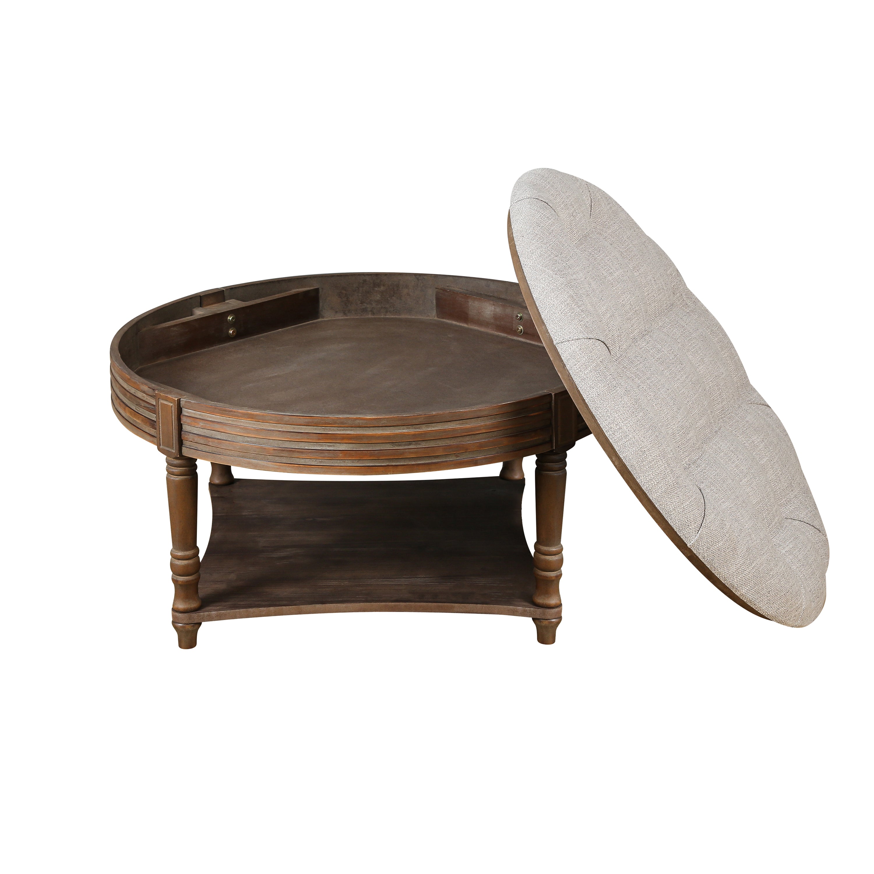 Captains Large Round Upholstered Ottoman with Bottom Shelf