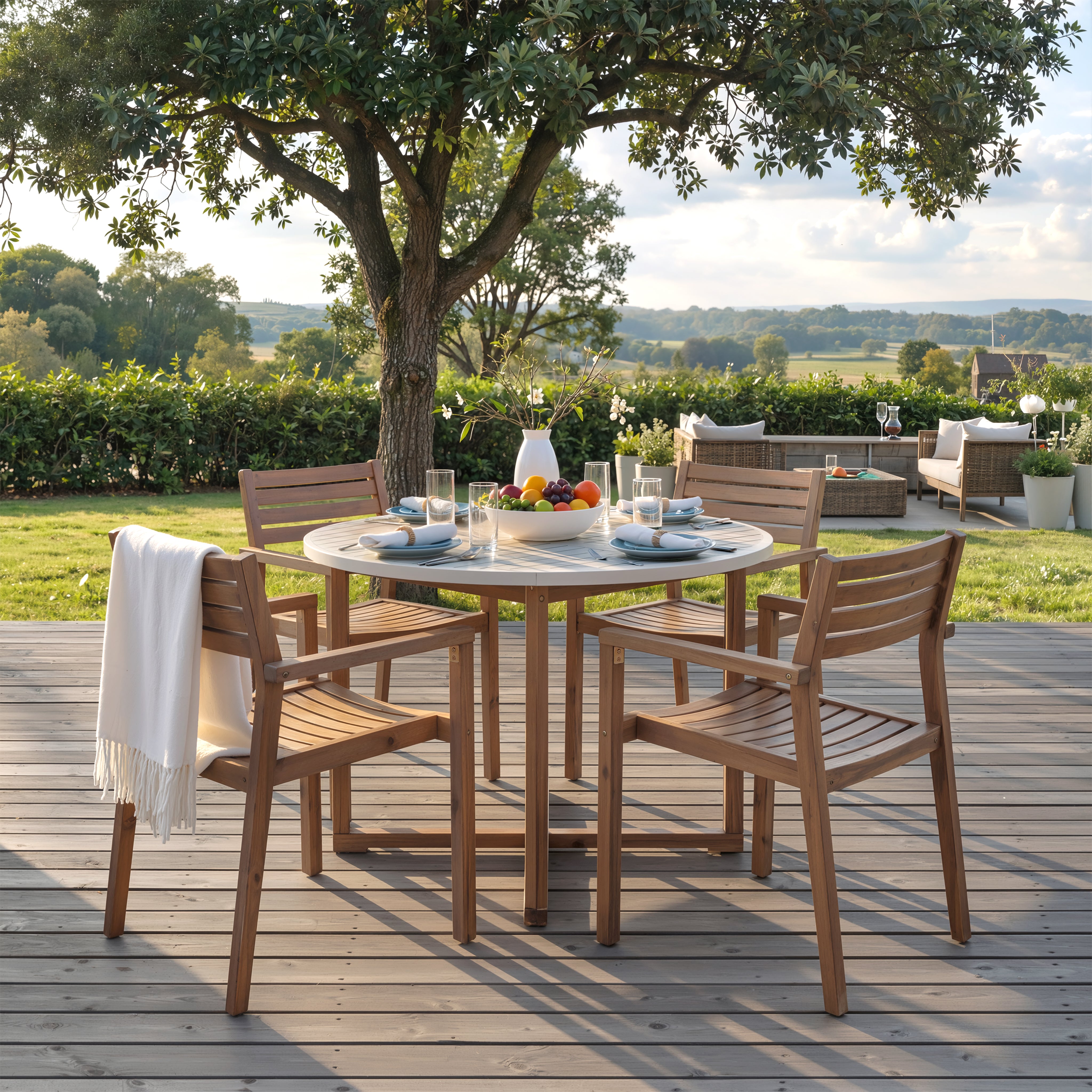 U_STYLE 5-Piece Outdoor Dining Set with 4 Acacia Wood Chairs,47.2" Round Dining Table with Slatted Design, Ideal for Patios, Gardens, Poolsides, and Lawn Areas & Indoor