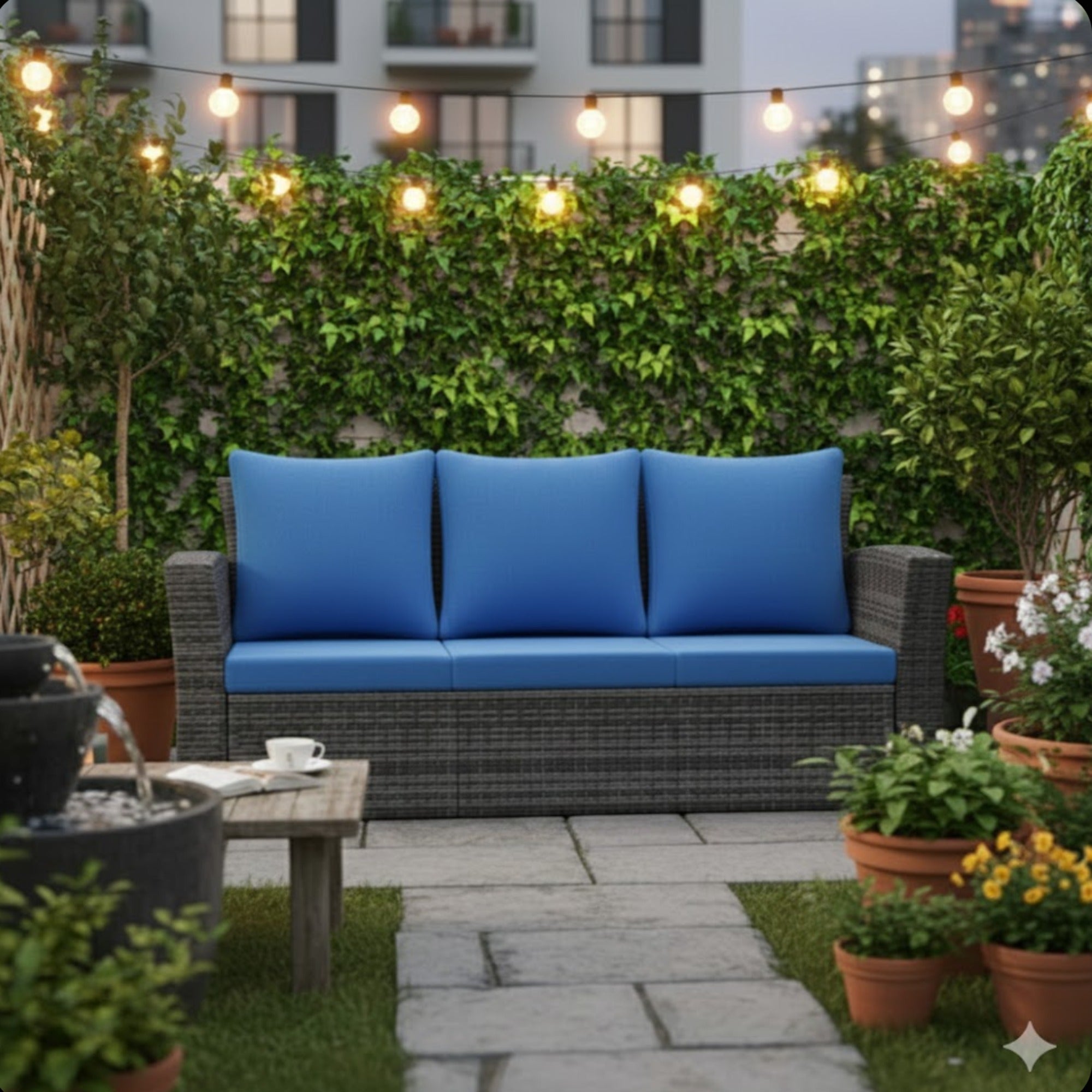 All-Weather Wicker 3-Seat Patio Sofa with Thick Gray Cushions & Black Iron Frame, 67.7'
