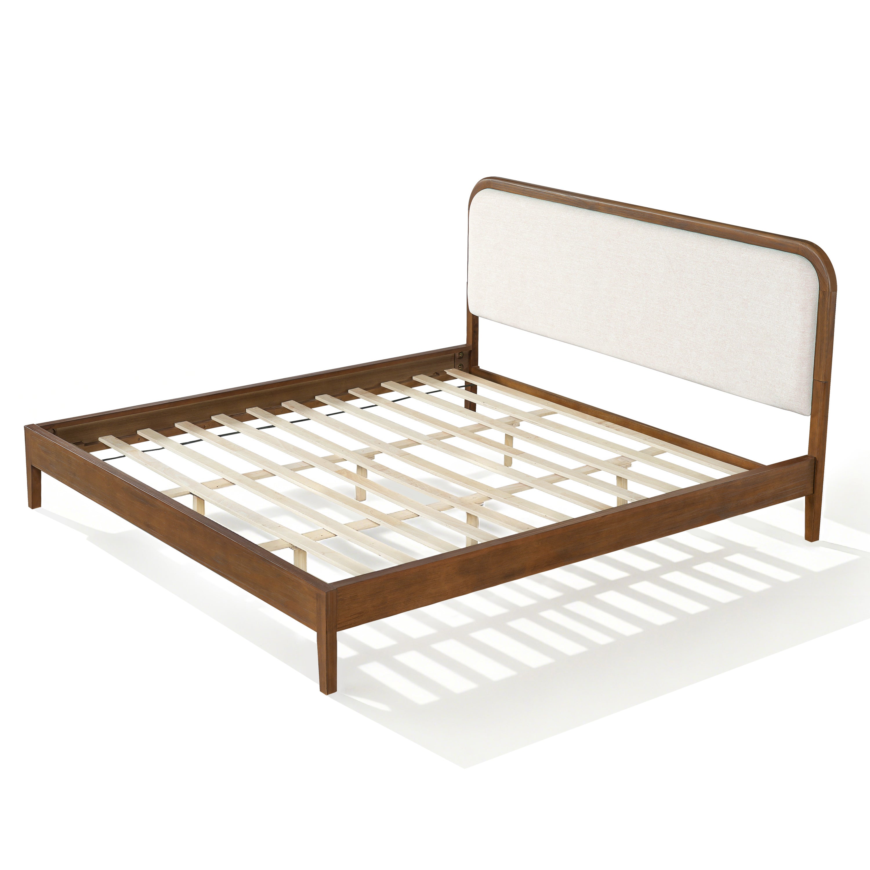 Acacia Wood Bed Frame With Beige Upholstered Headboard