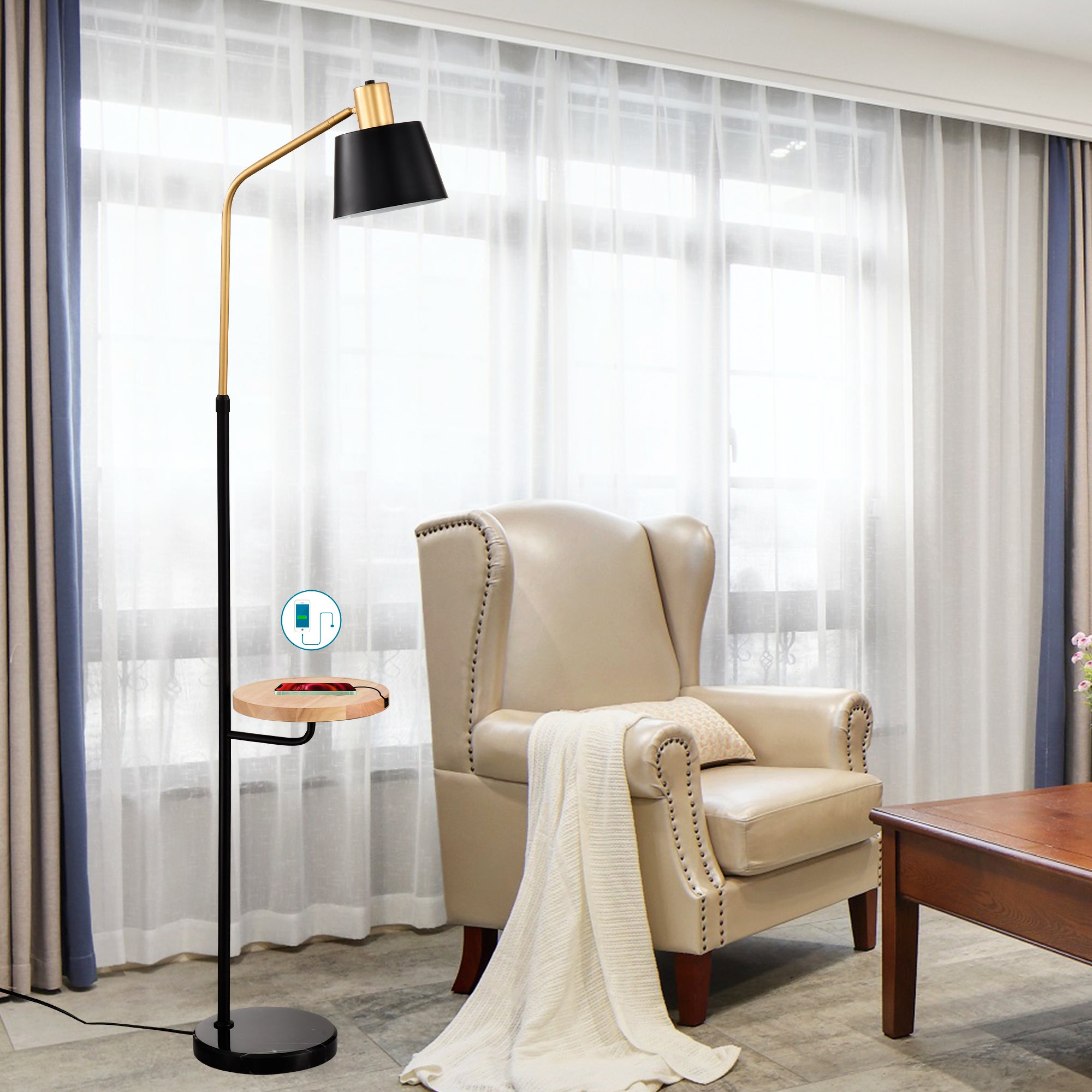 Floor Lamp with Wood Table and Built-in USB Charging Port