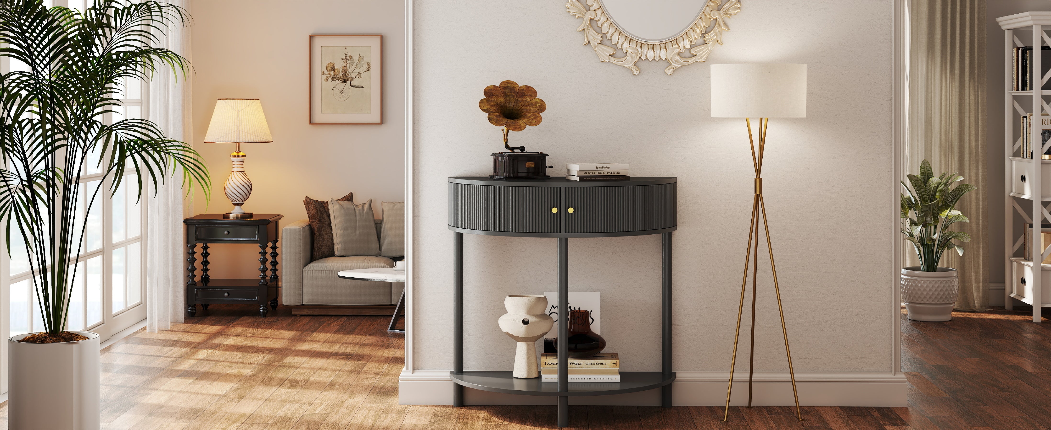 Artisan-Crafted Wave-Pattern Demi-Lune Console Table
