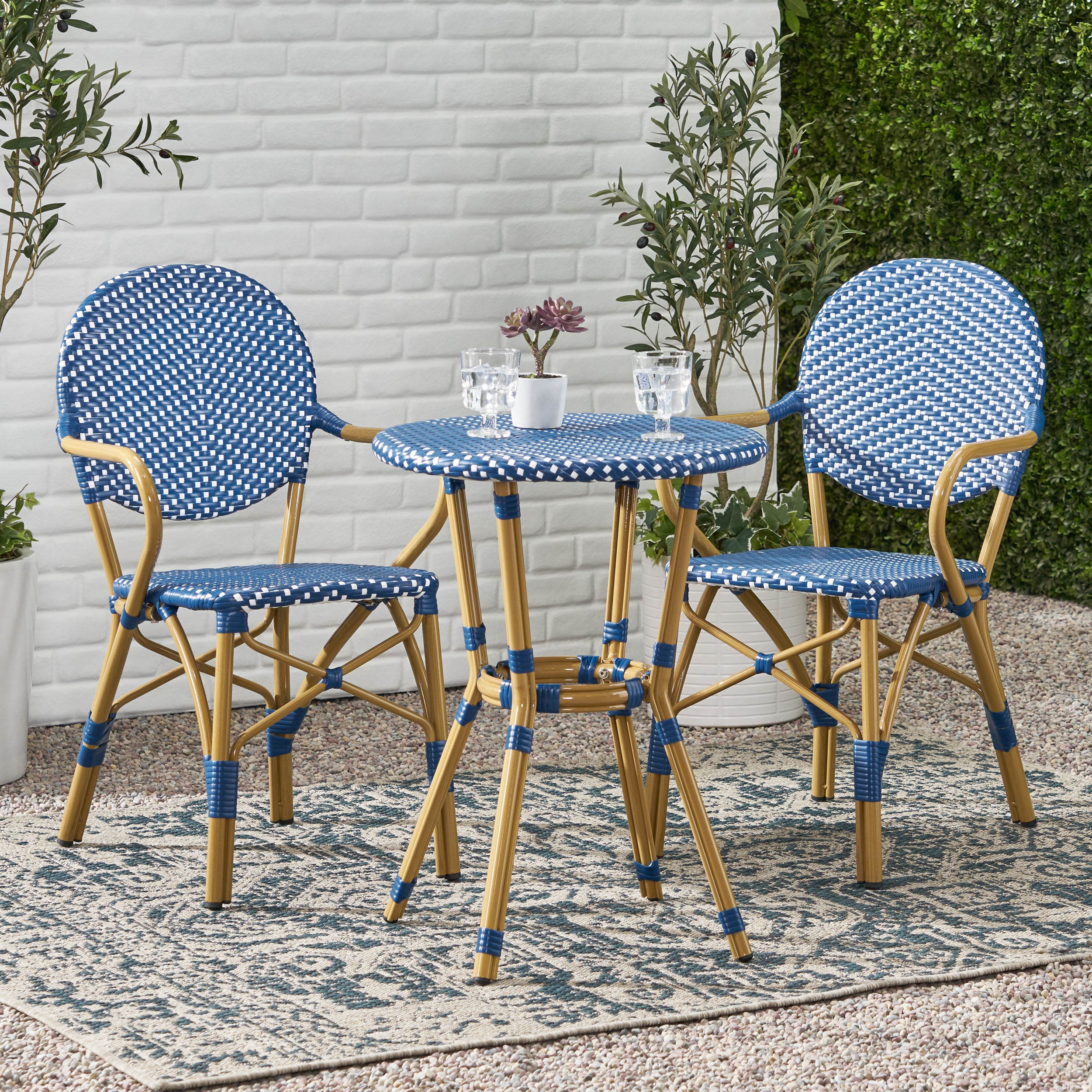 3-Piece Faux Rattan Bistro Set with Round Table and 2 Armchairs