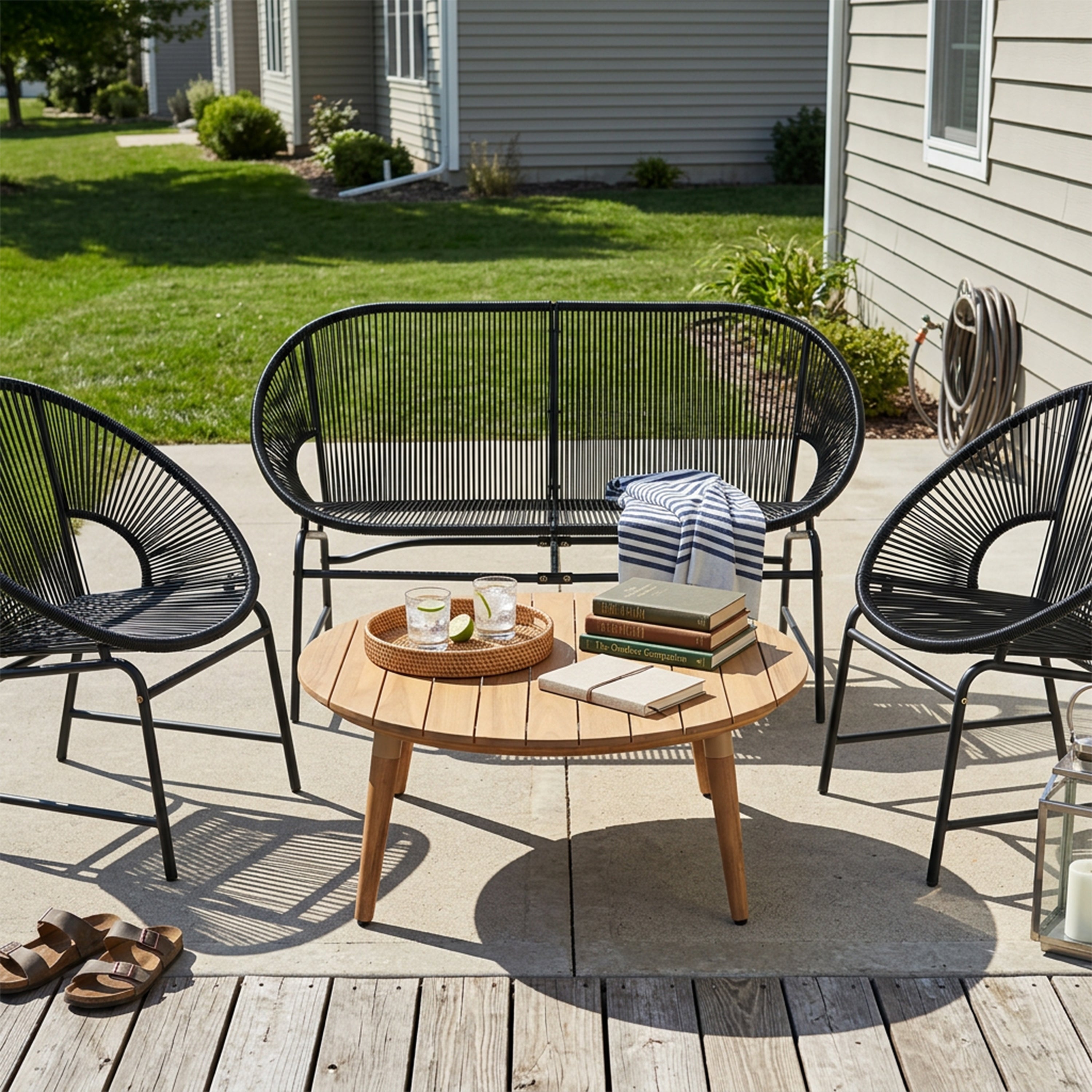 NUSA OUTDOOR PATIO 4-PCS CHAT SET, TEAL PE RATTAN & IRON FRAM FURNITURE, ACACIA WOOD TABLE