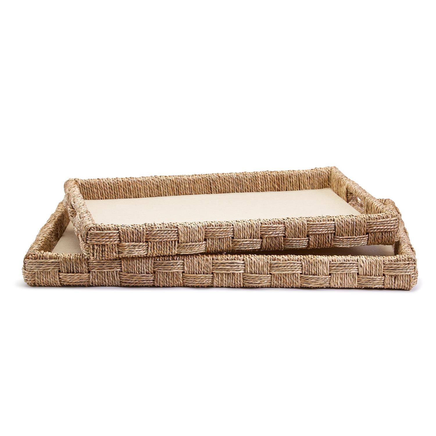 Hand-Crafted Sea Grass and Rattan Oversized Decorative Square Tray, Set of 2