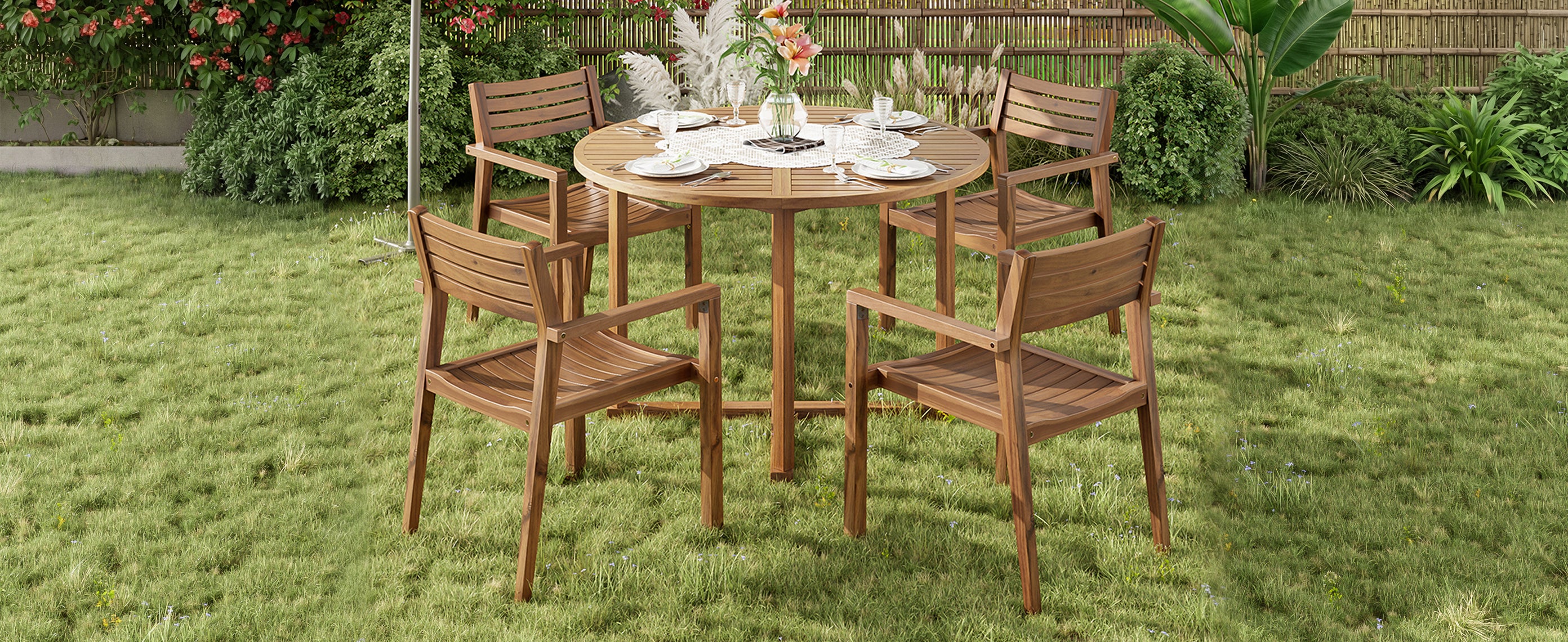 5-Piece Outdoor Dining Set with 4 Acacia Wood Chairs, 47.2" Round Dining Table with Slatted Design