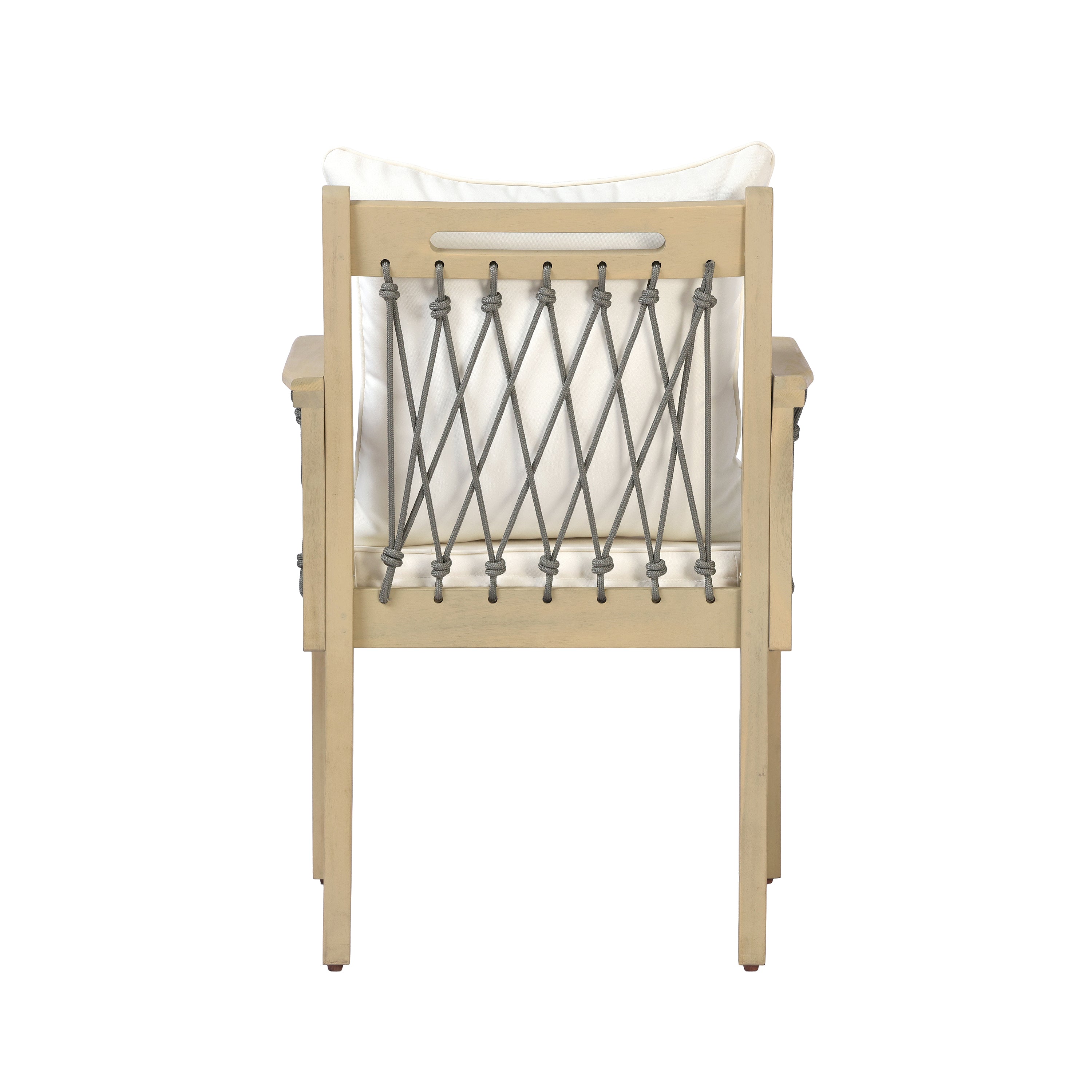 7-Piece Outdoor Acacia Wood Dining Set with Rope-Woven Armchairs, Weather-Resistant Patio Table & Chairs with Cushions,Light teak+Dark grey rope+Cream Beige cushion